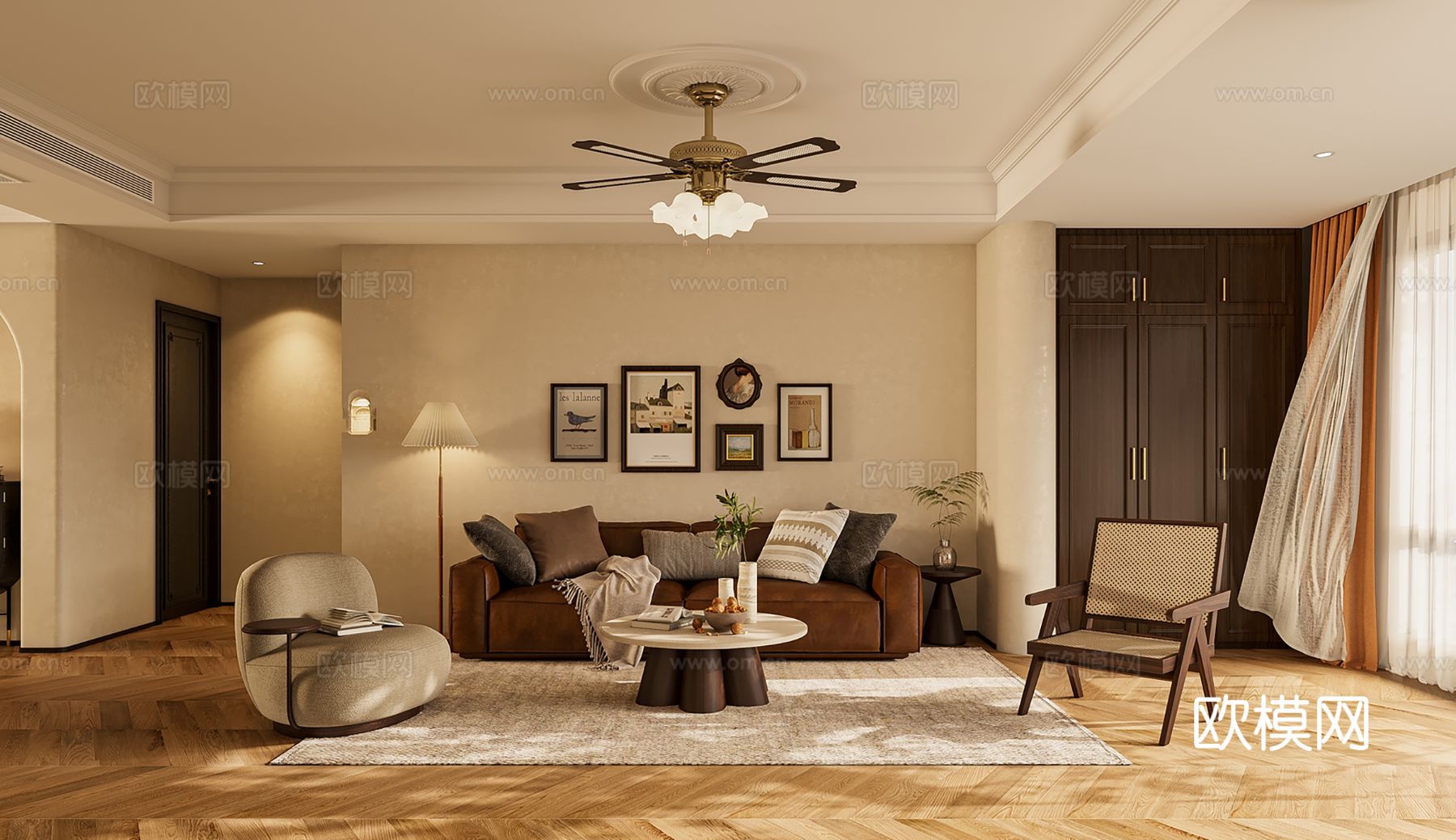 中古风家装效果客厅卧室大平层效果图下载（渲染图1）