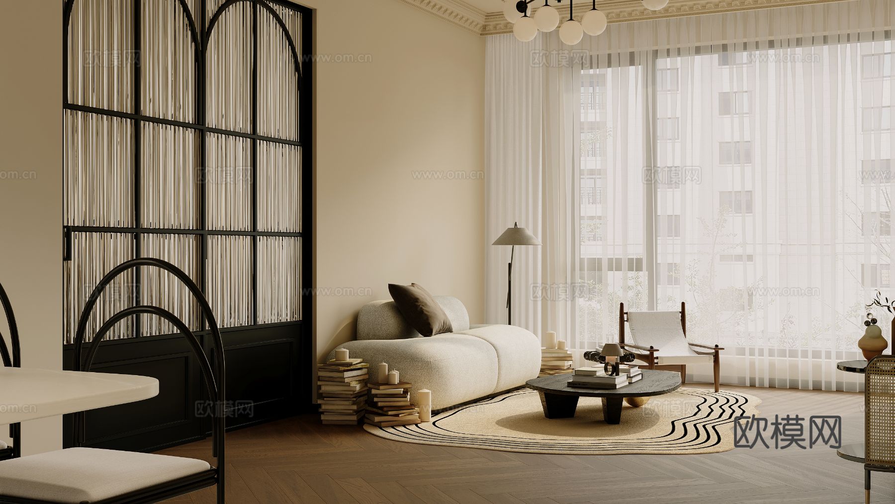 中古风家装效果客厅卧室大平层效果图下载（渲染图3）