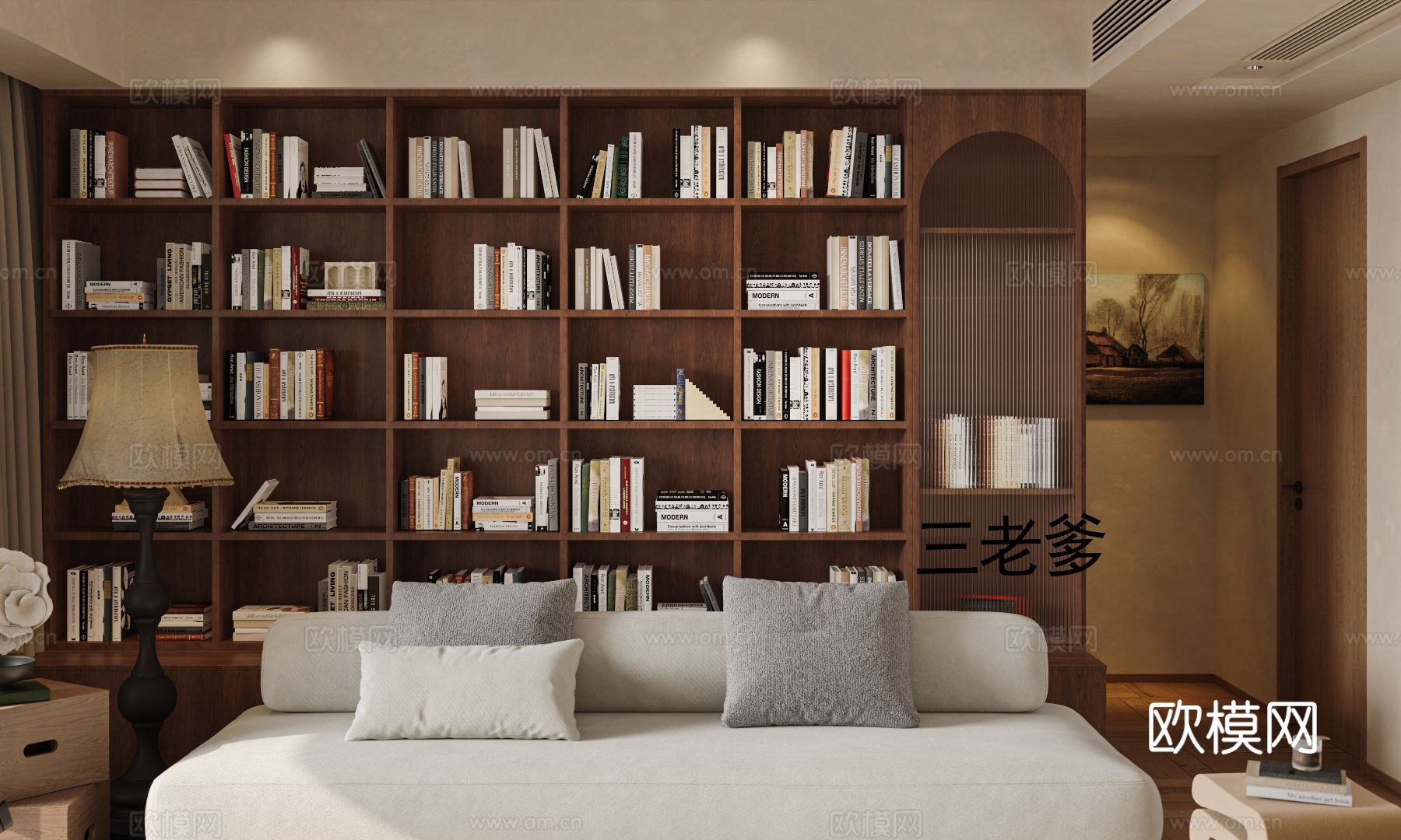 中古风家装效果客厅卧室大平层效果图下载（渲染图8）