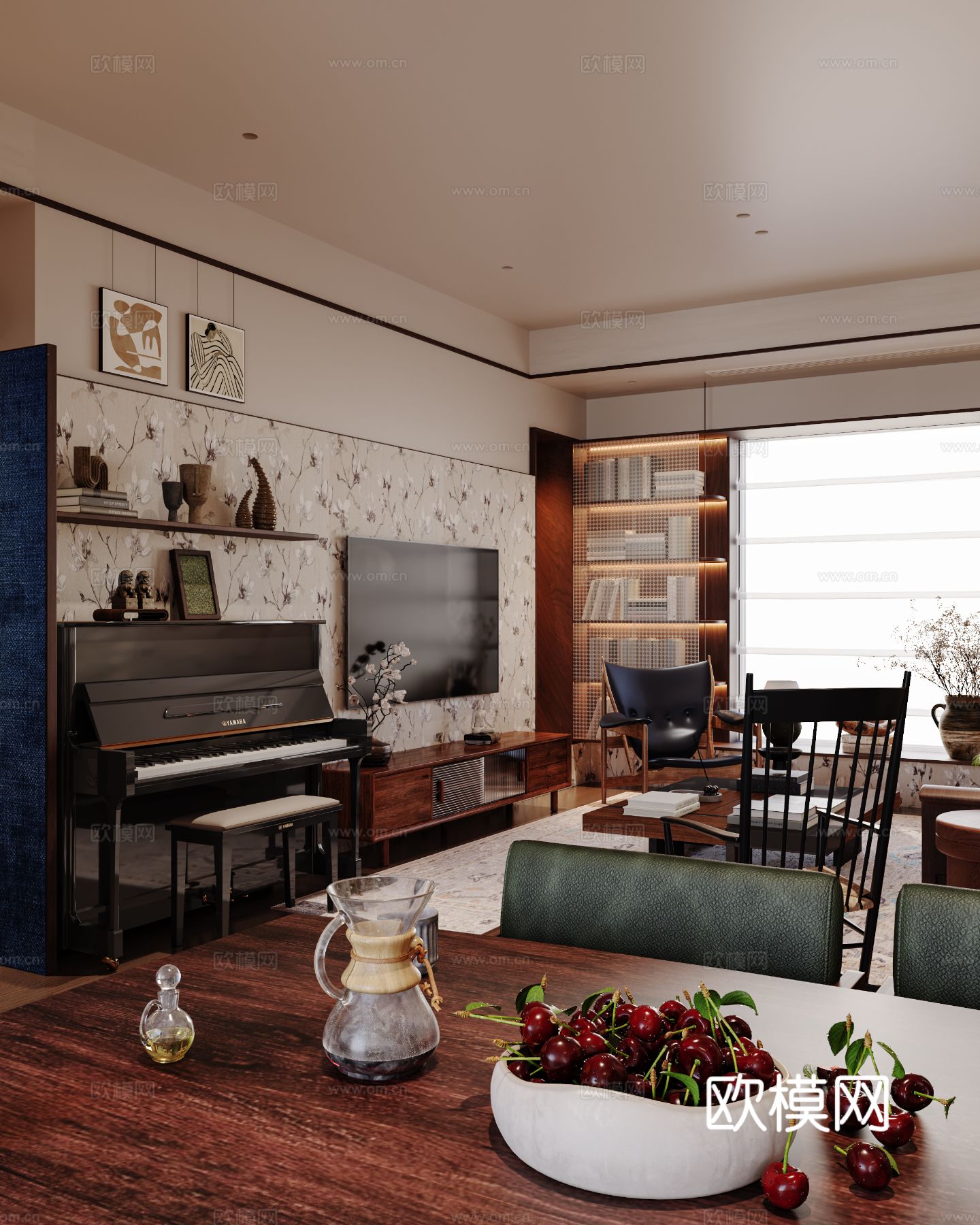 中古风家装效果客厅卧室大平层效果图下载（渲染图9）