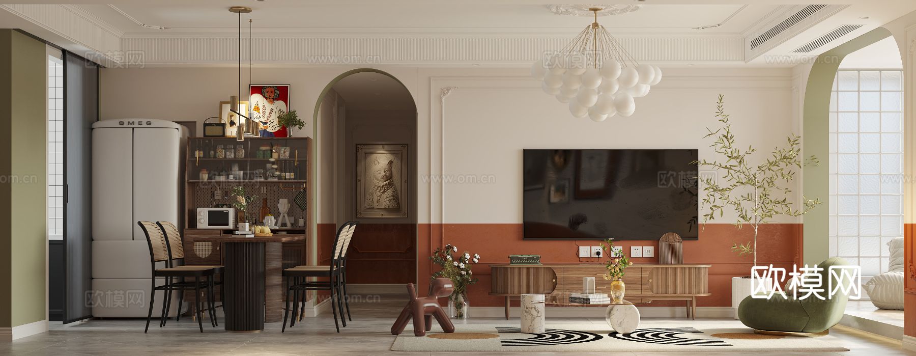 中古风家装效果客厅卧室大平层效果图下载（渲染图2）