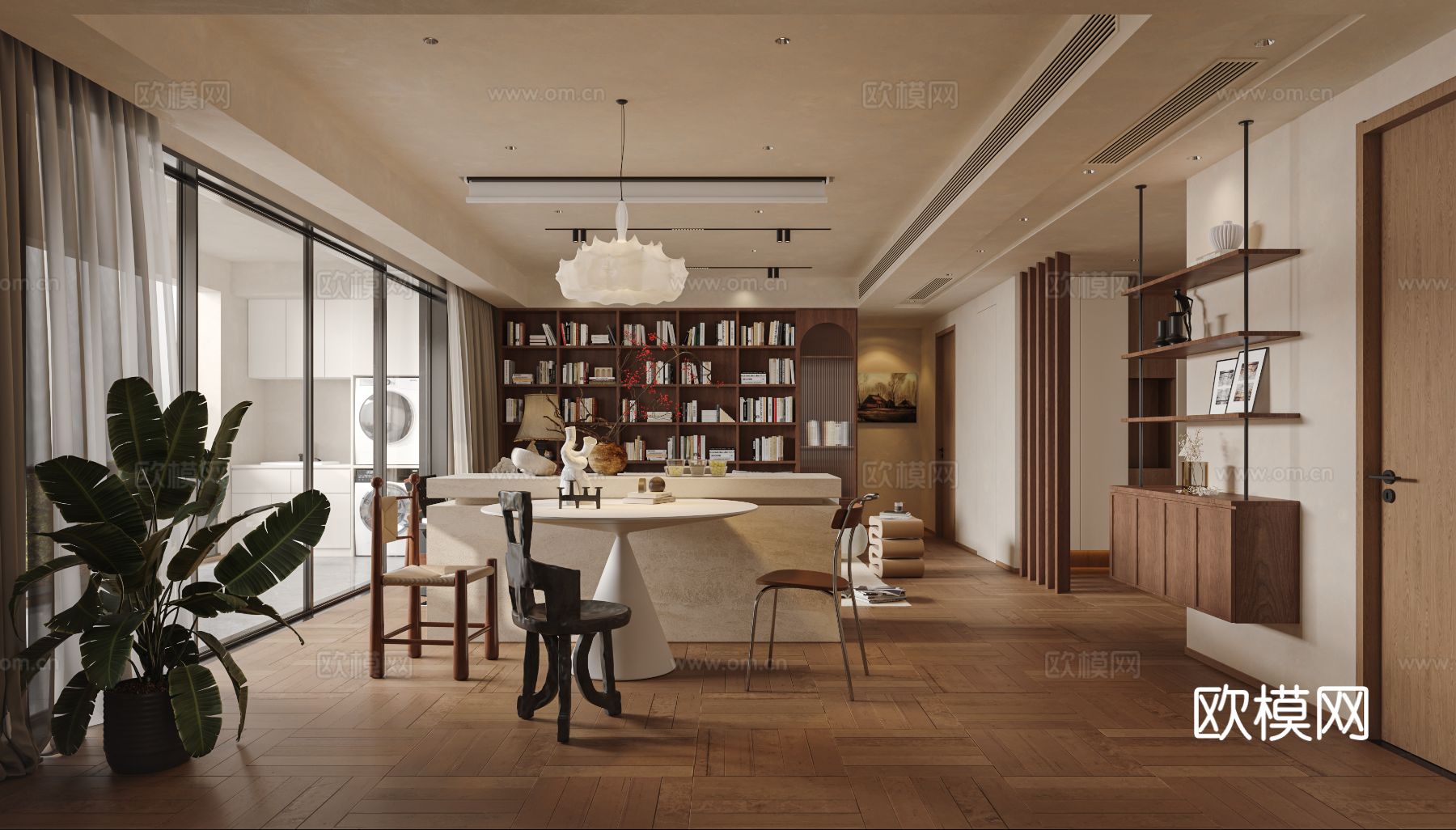 中古风家装效果客厅卧室大平层效果图下载（渲染图3）