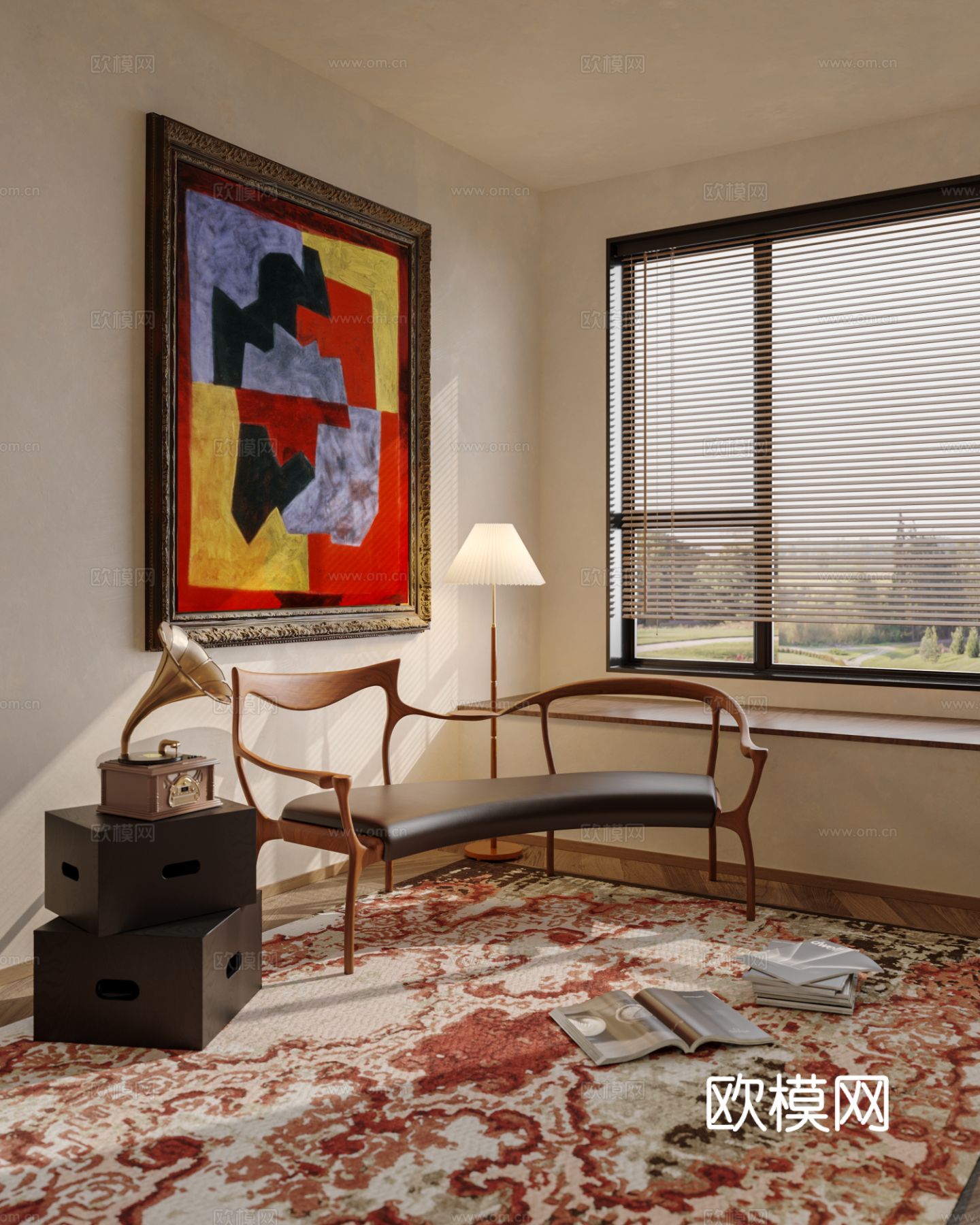 中古风家装效果客厅卧室大平层效果图下载（渲染图6）