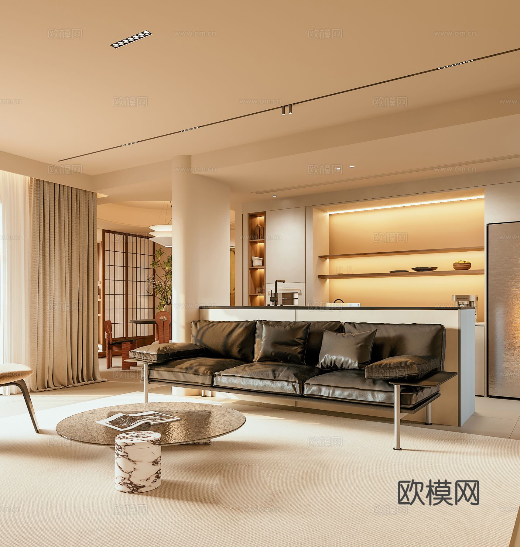 中古风家装效果客厅卧室大平层效果图下载（渲染图2）