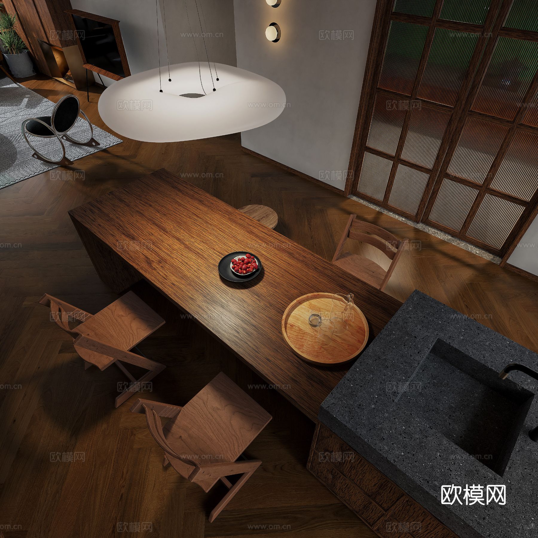 中古风家装效果客厅卧室大平层效果图下载（渲染图12）