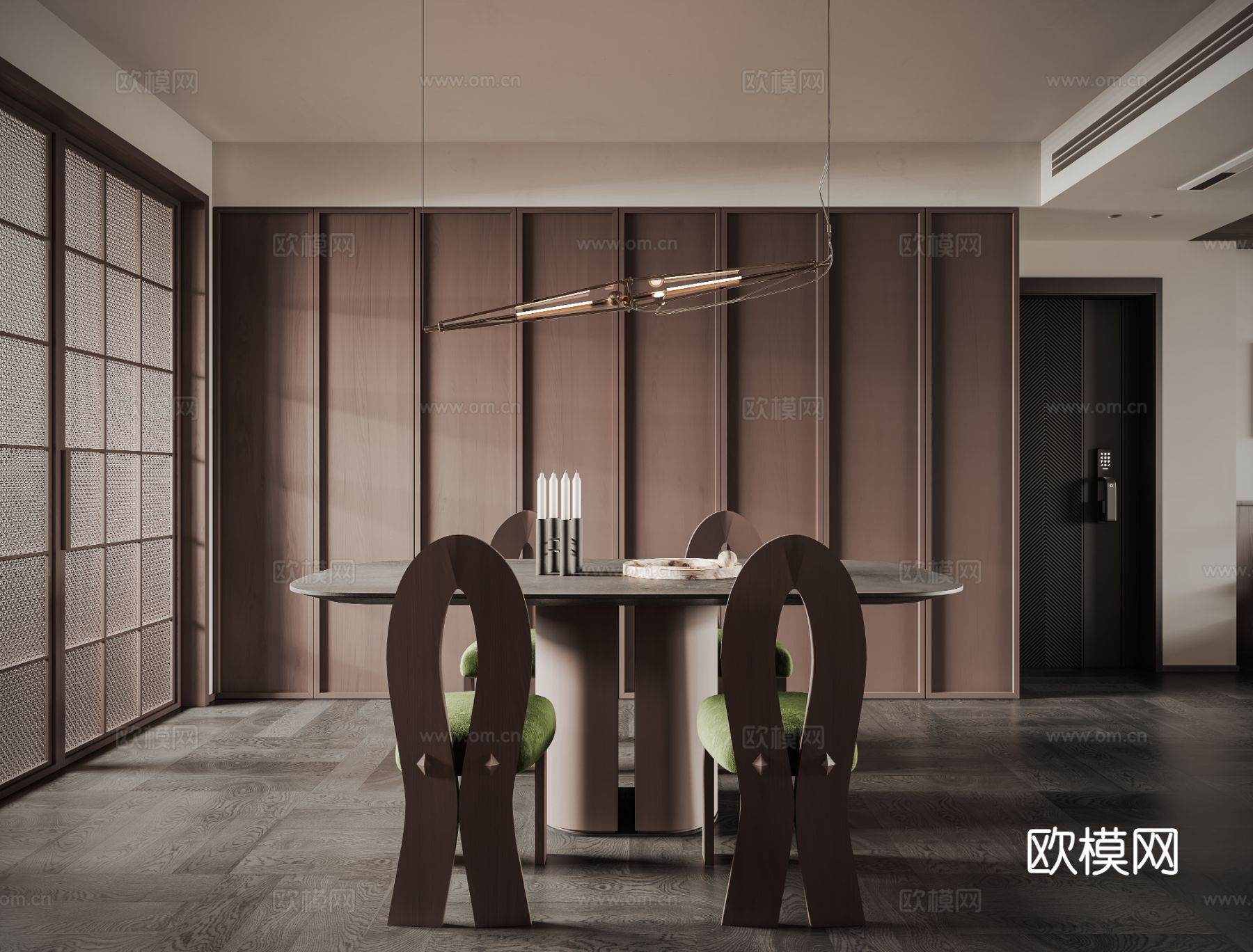 中古风家装效果客厅卧室大平层效果图下载（渲染图4）