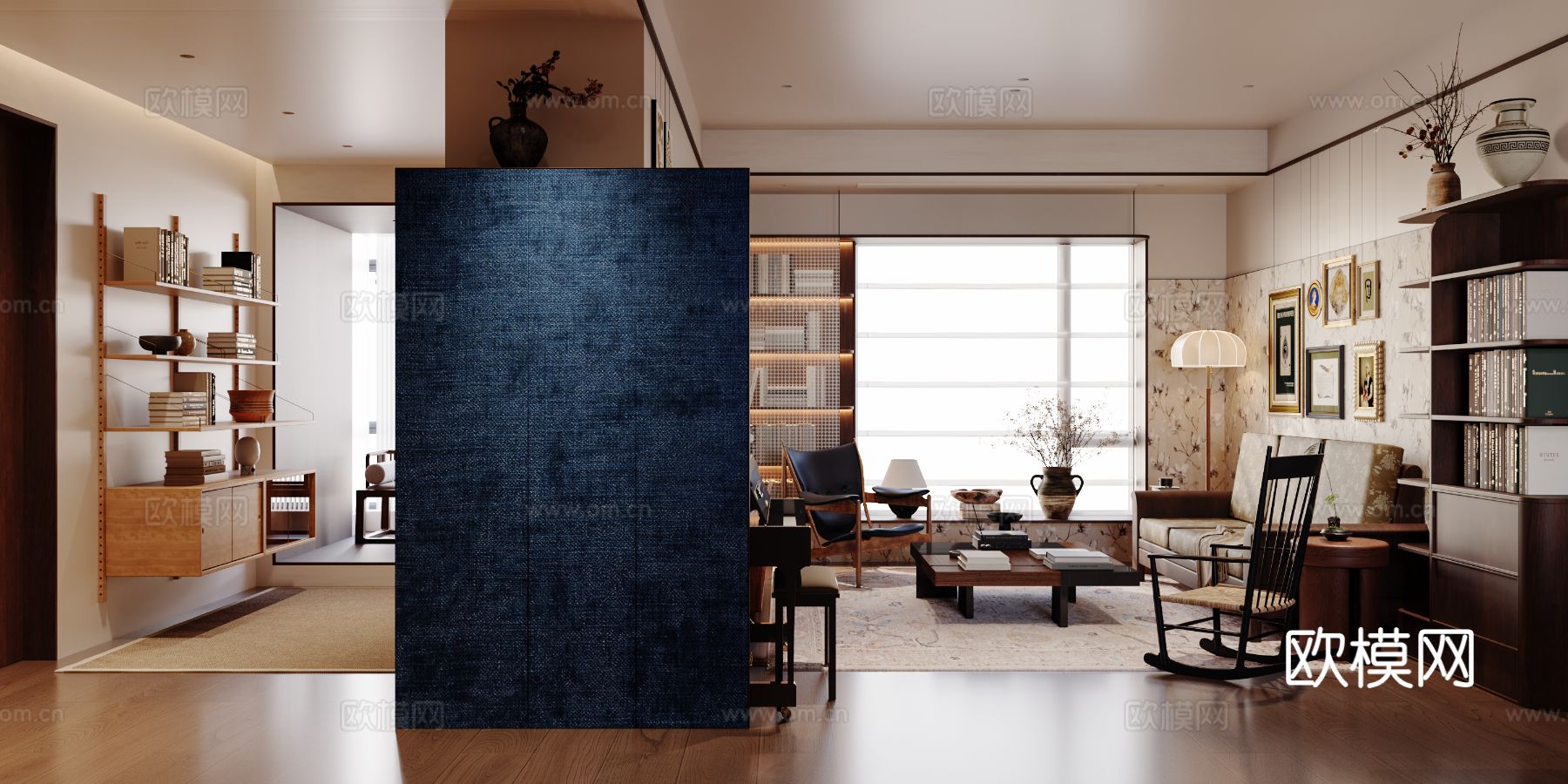 中古风家装效果客厅卧室大平层效果图下载（渲染图2）