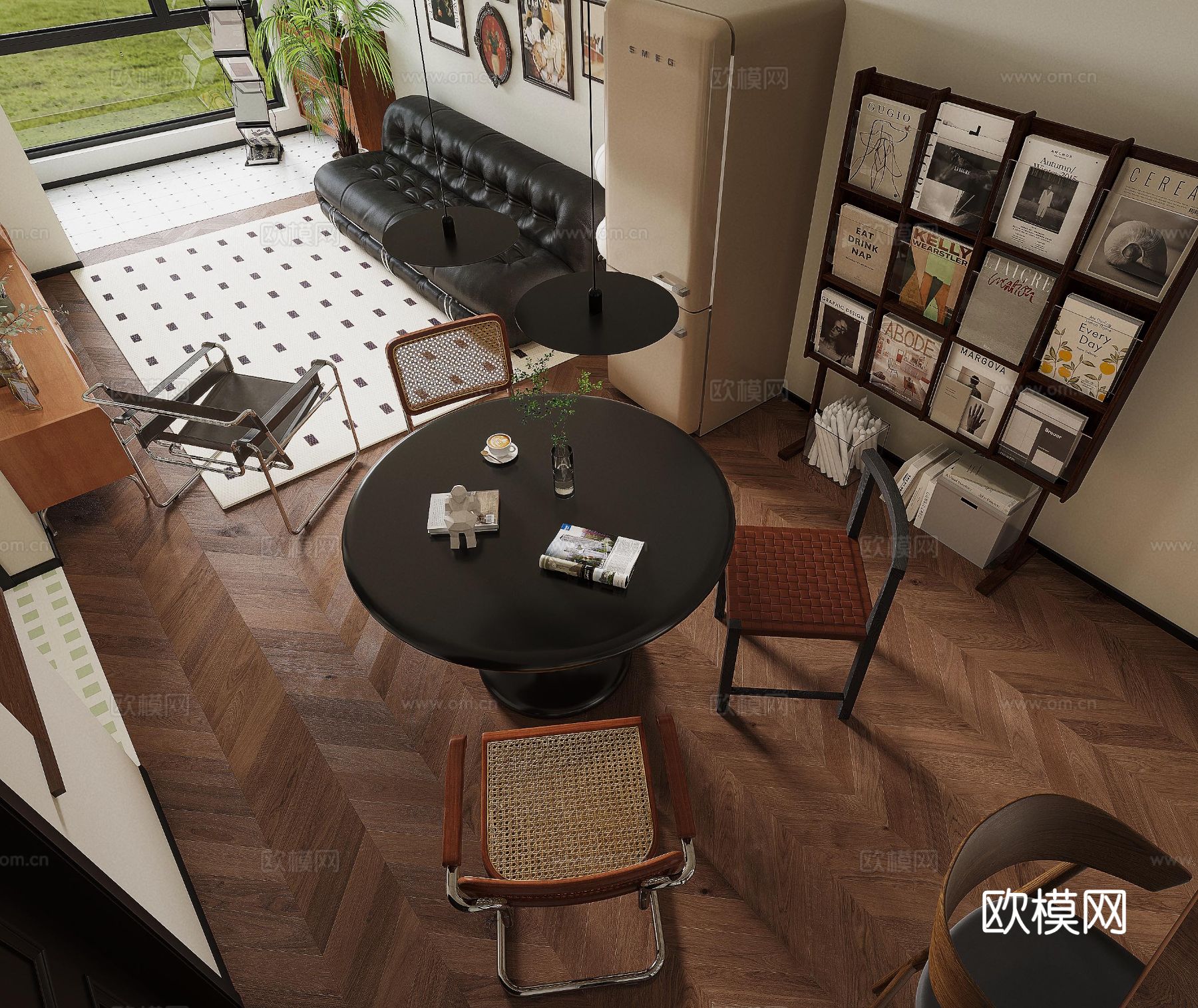 中古风家装效果客厅卧室大平层效果图下载（渲染图2）