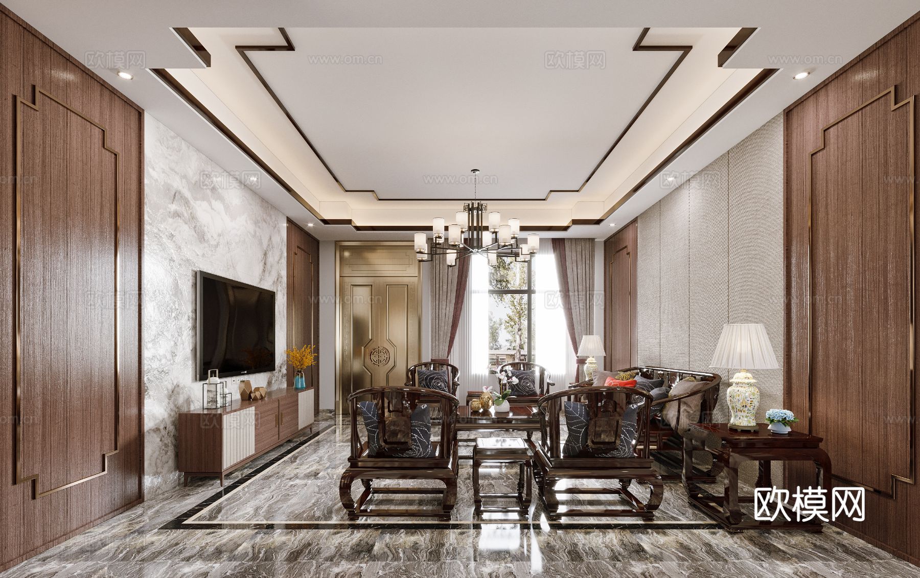 宋式新中式大平层家装风格效果图下载（渲染图1）