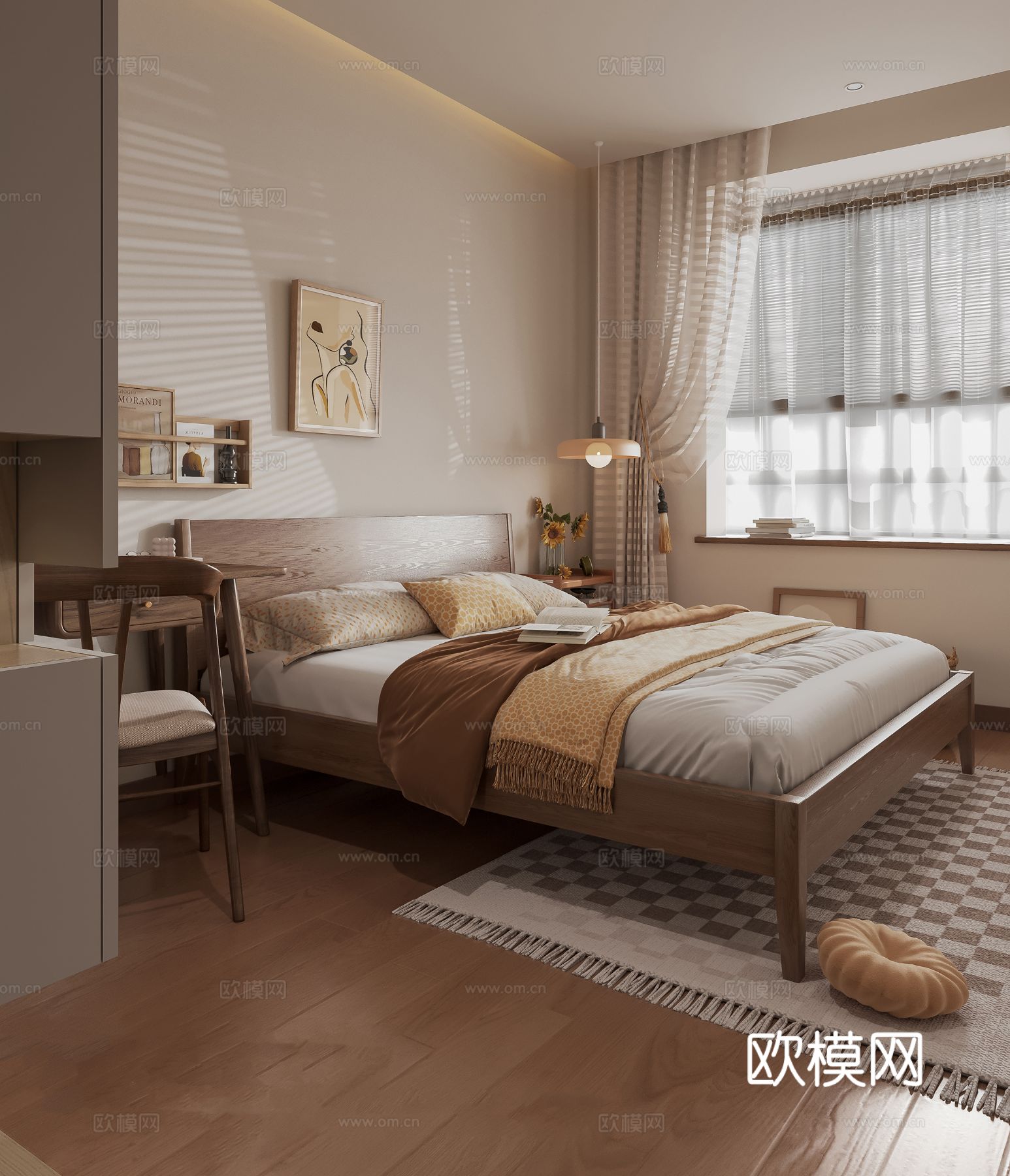 中古风家装效果客厅卧室大平层效果图下载（渲染图3）