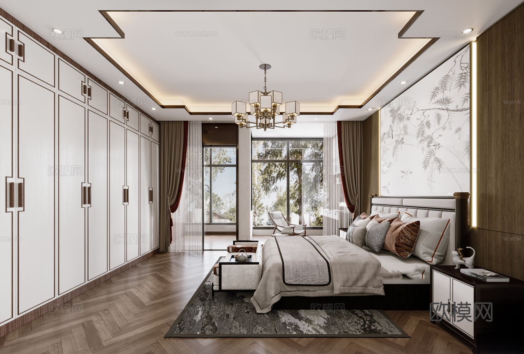 宋式新中式大平层家装风格效果图下载（渲染图3）