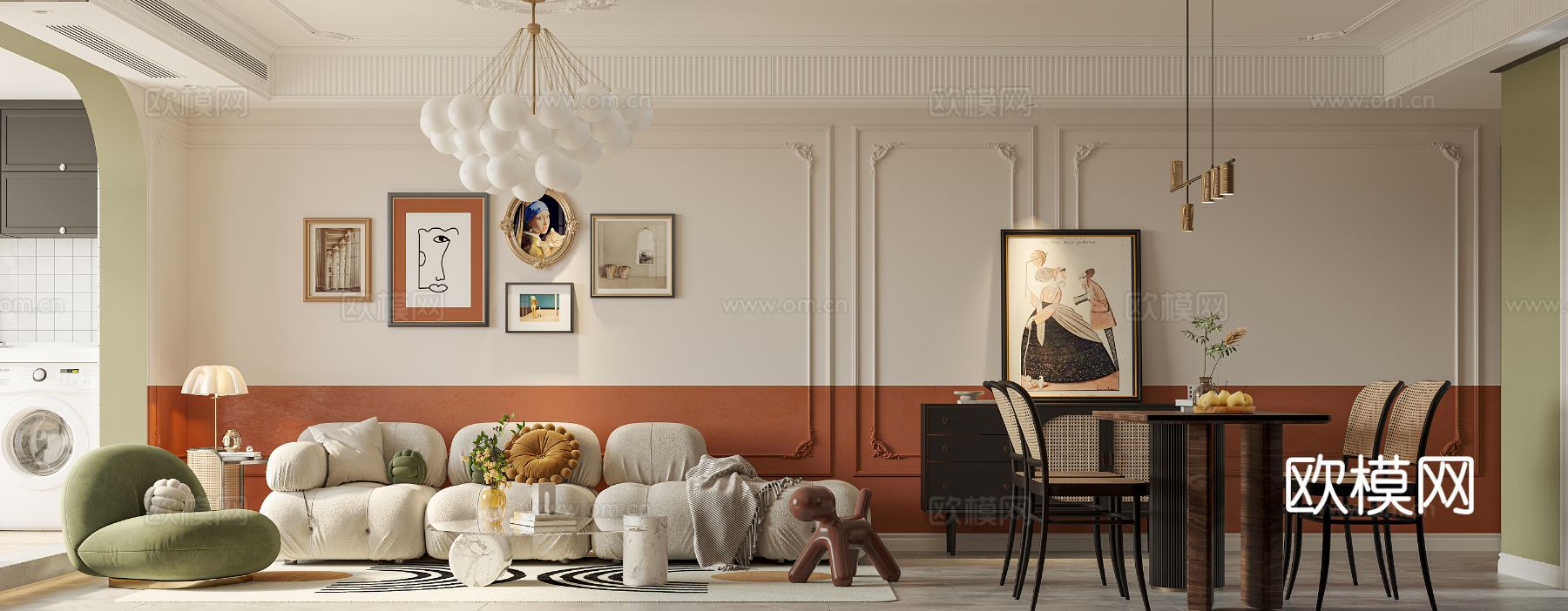 中古风家装效果客厅卧室大平层效果图下载（渲染图4）