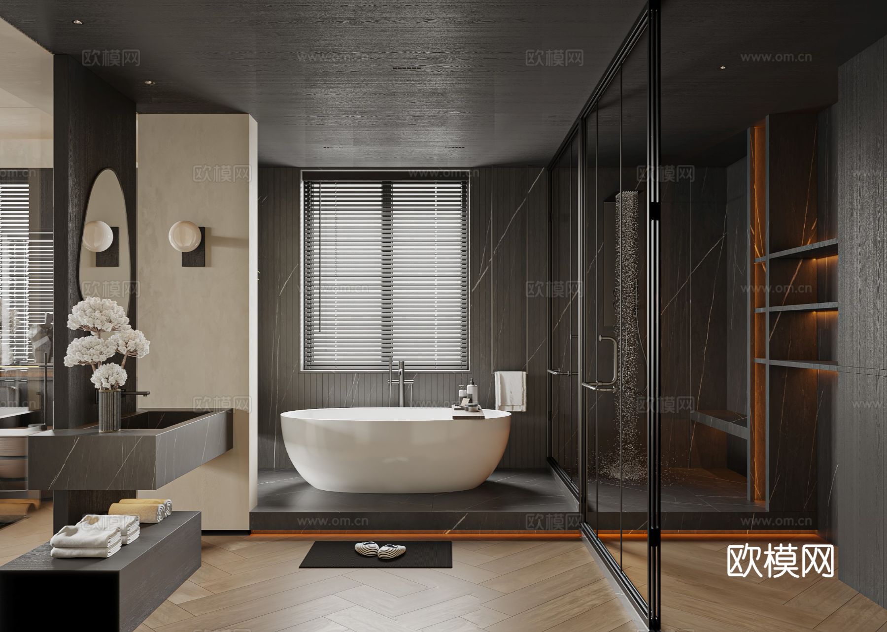 中古风家装效果客厅卧室大平层效果图下载（渲染图11）