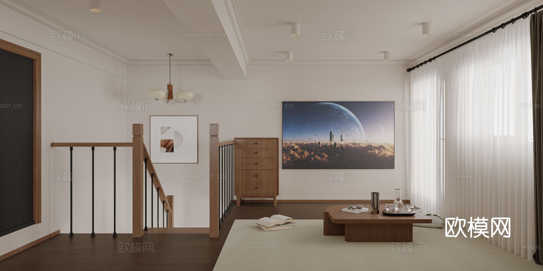 中古风家装效果客厅卧室大平层效果图下载（渲染图2）