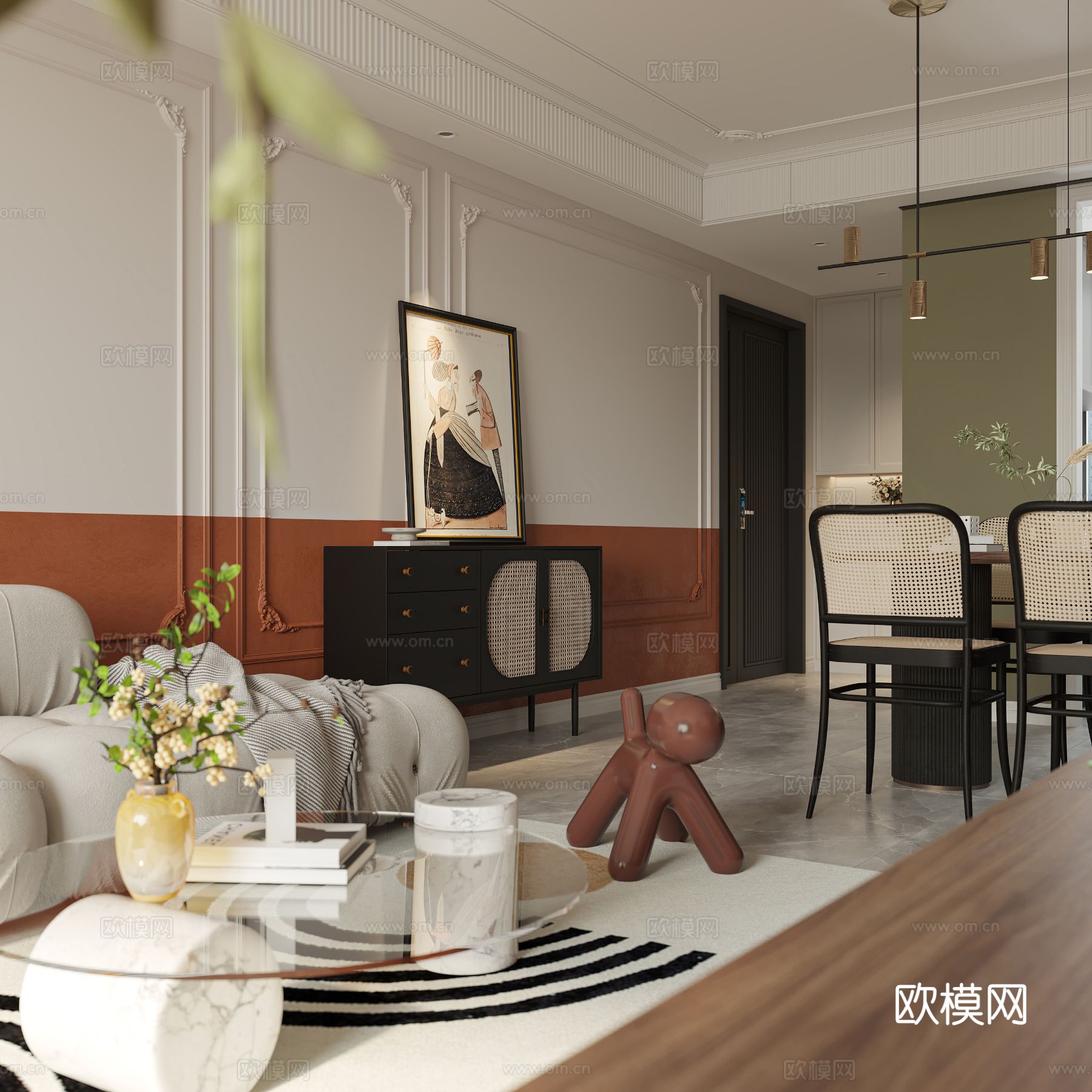 中古风家装效果客厅卧室大平层效果图下载（渲染图6）