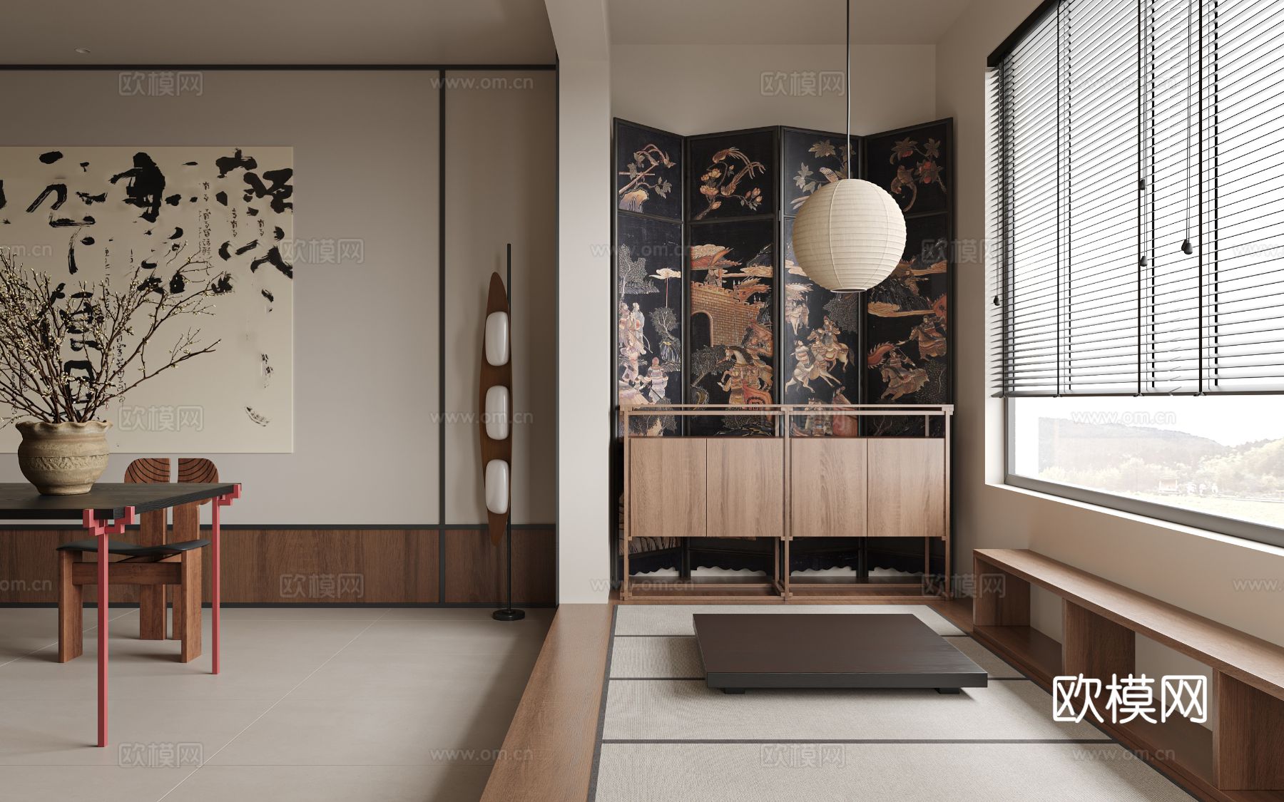 中古风家装效果客厅卧室大平层效果图下载（渲染图6）