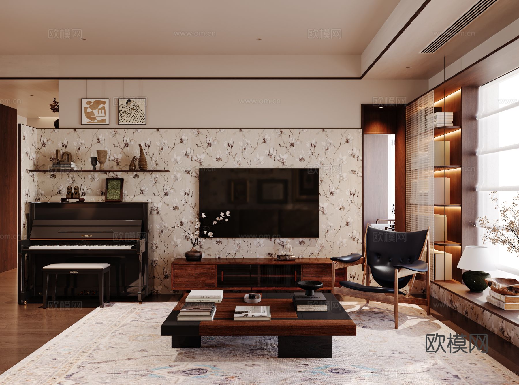 中古风家装效果客厅卧室大平层效果图下载（渲染图11）