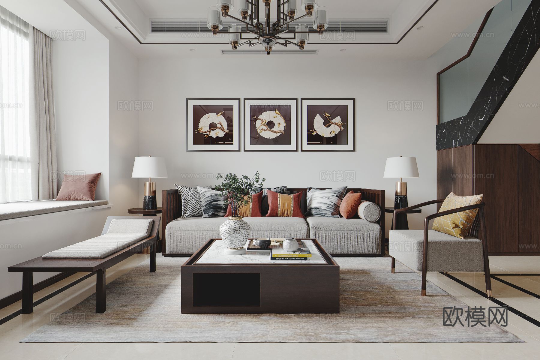 宋式新中式复式家装风格效果图下载（渲染图1）