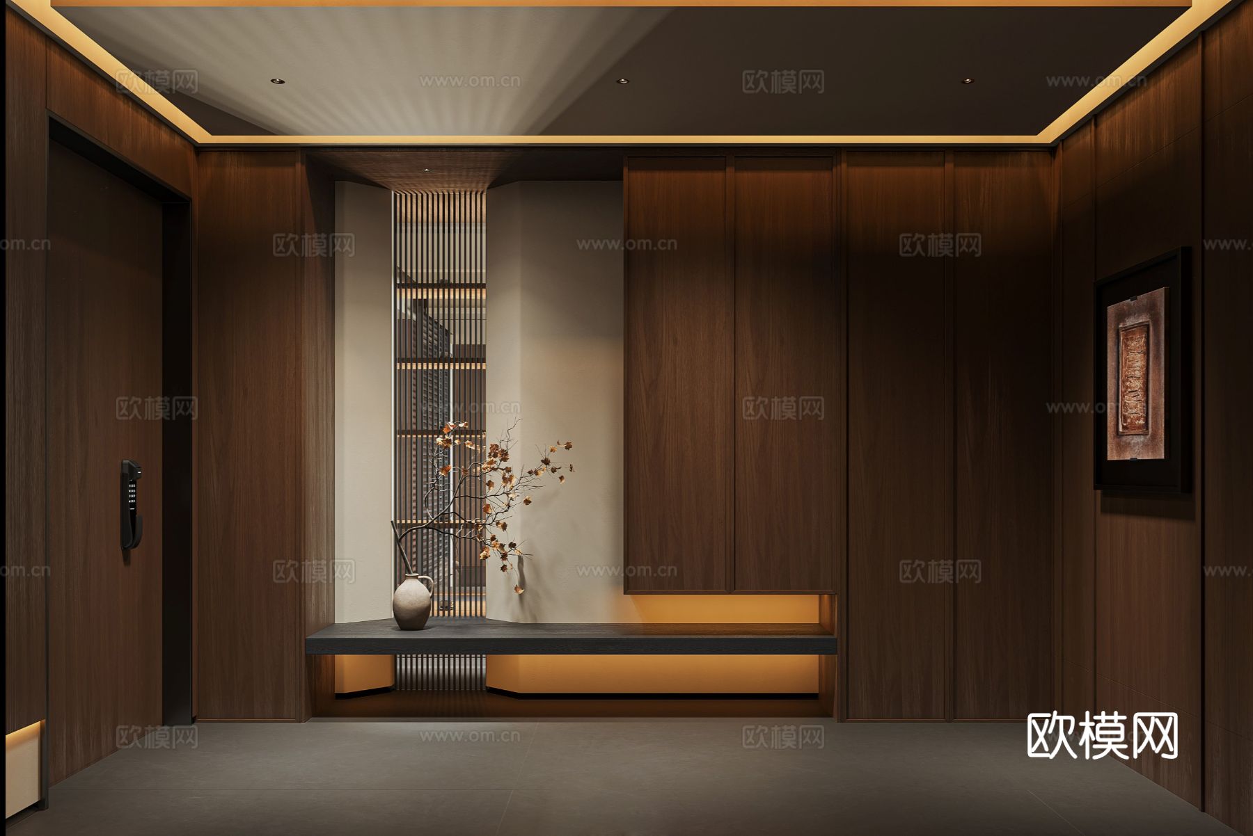 中古风家装效果客厅卧室大平层效果图下载（渲染图5）