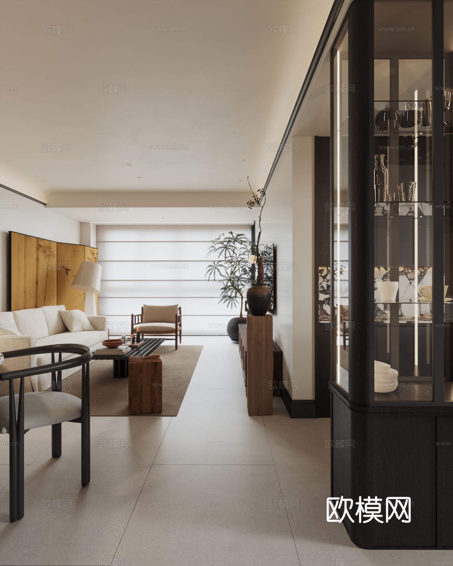 中古风家装效果客厅卧室大平层效果图下载（渲染图8）