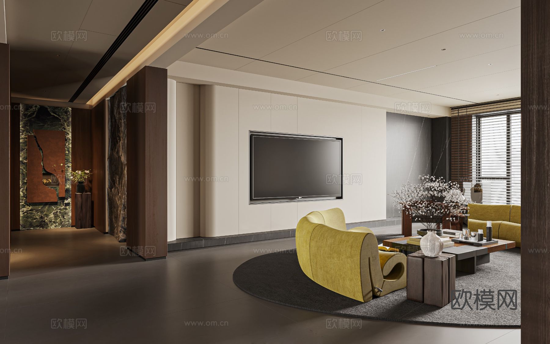 中古风家装效果客厅卧室大平层效果图下载（渲染图7）