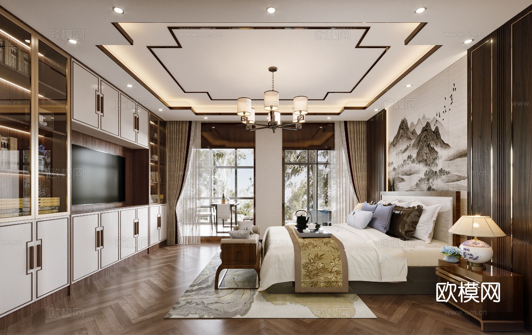 宋式新中式大平层家装风格效果图下载（渲染图8）