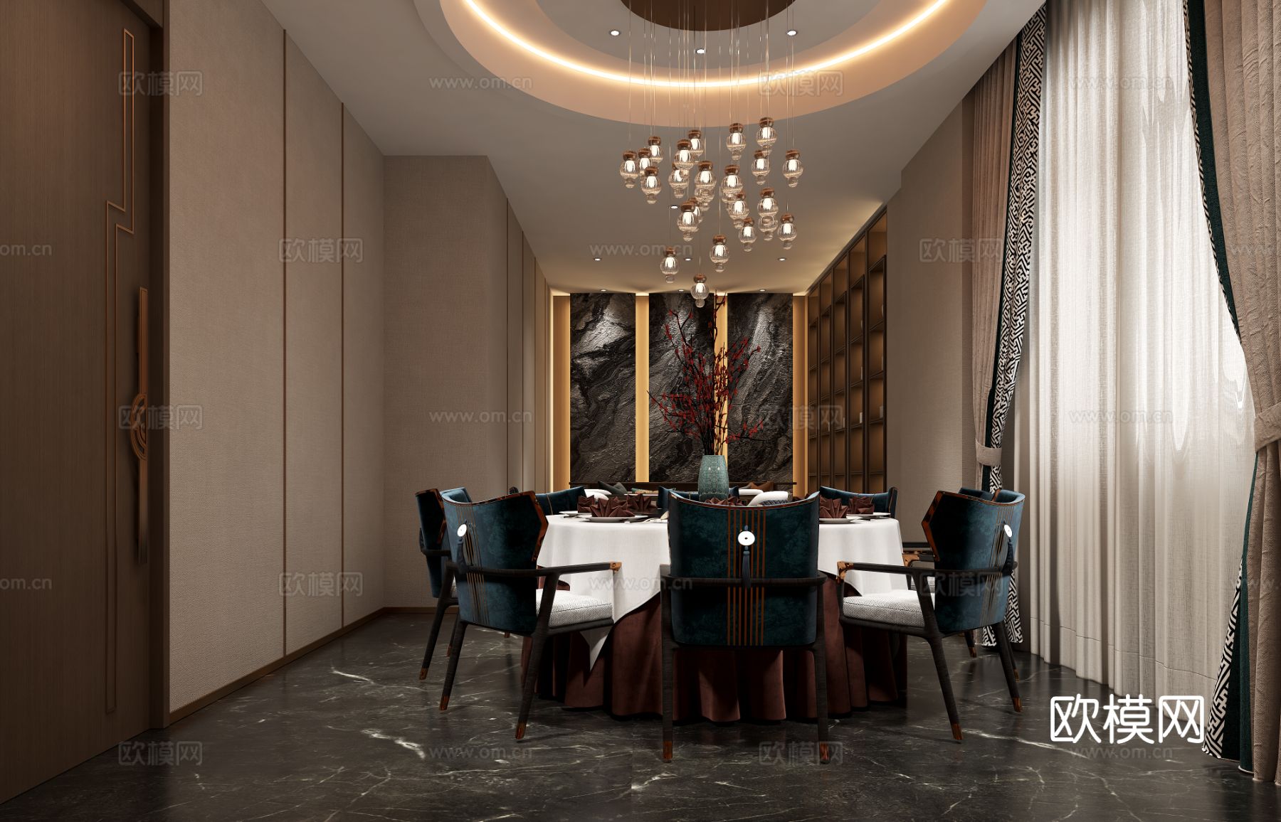 新中式茶室设计 餐厅效果图下载（渲染图2）