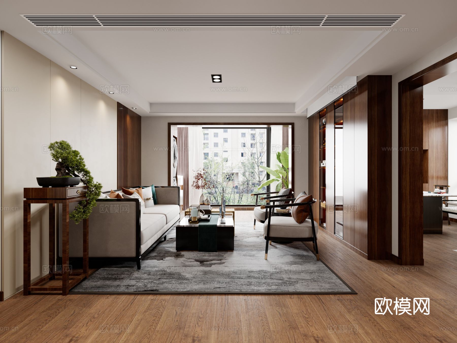 宋式新中式大平层家装效果图下载（渲染图1）