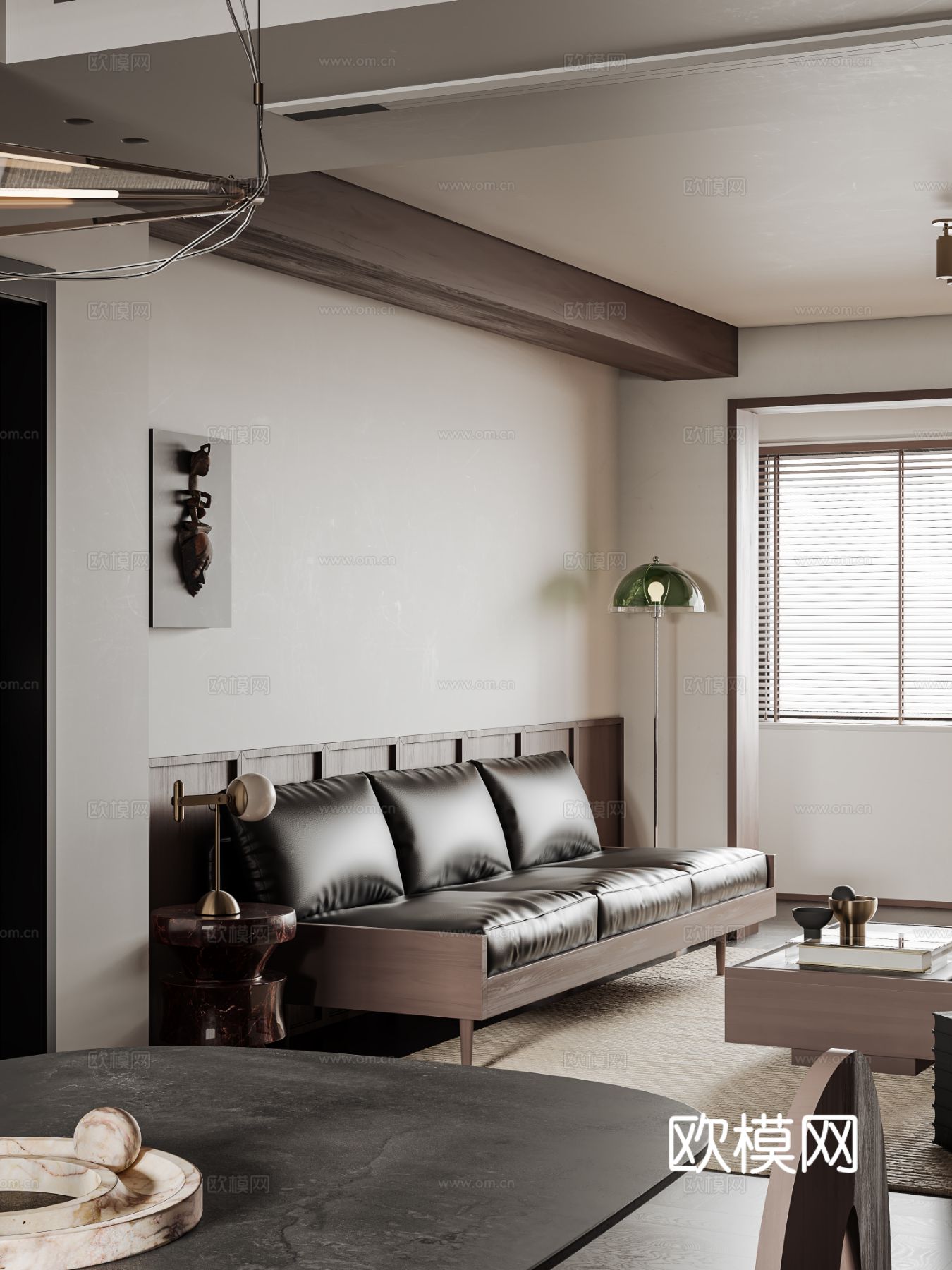 中古风家装效果客厅卧室大平层效果图下载（渲染图6）