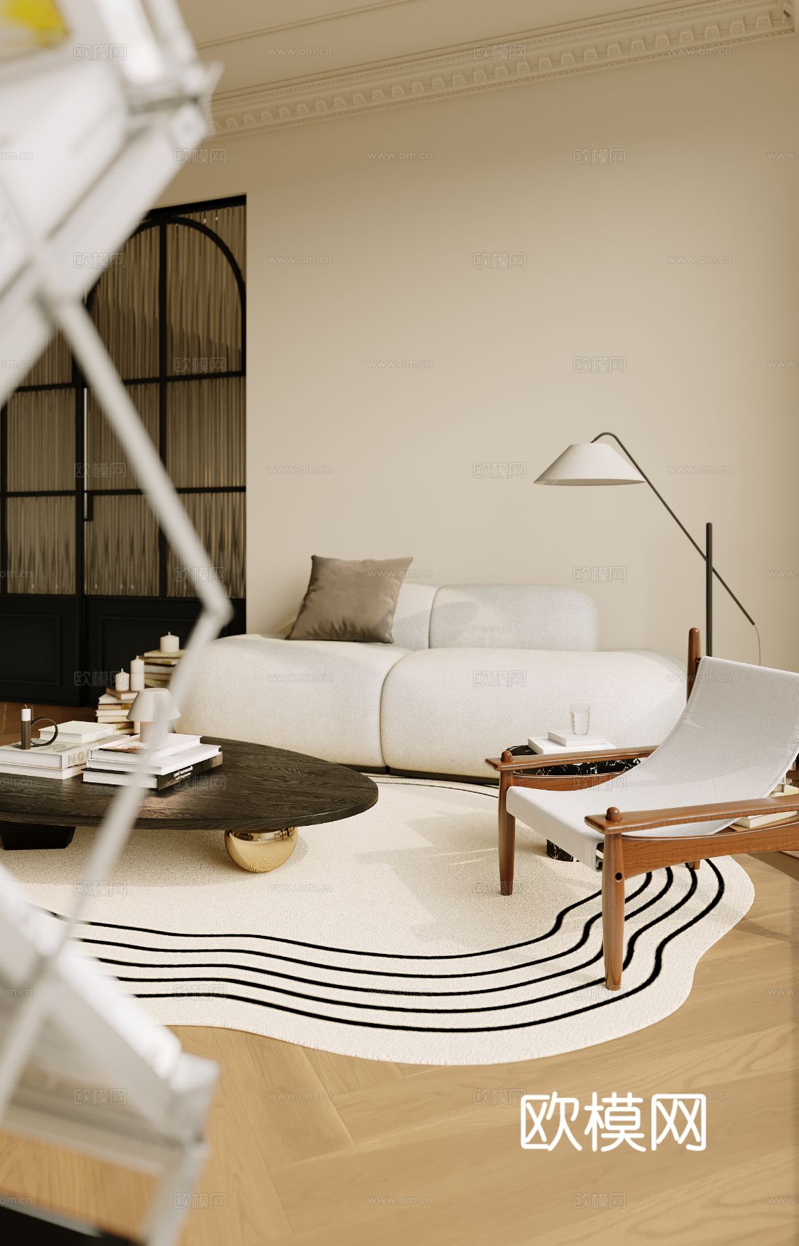 中古风家装效果客厅卧室大平层效果图下载（渲染图5）