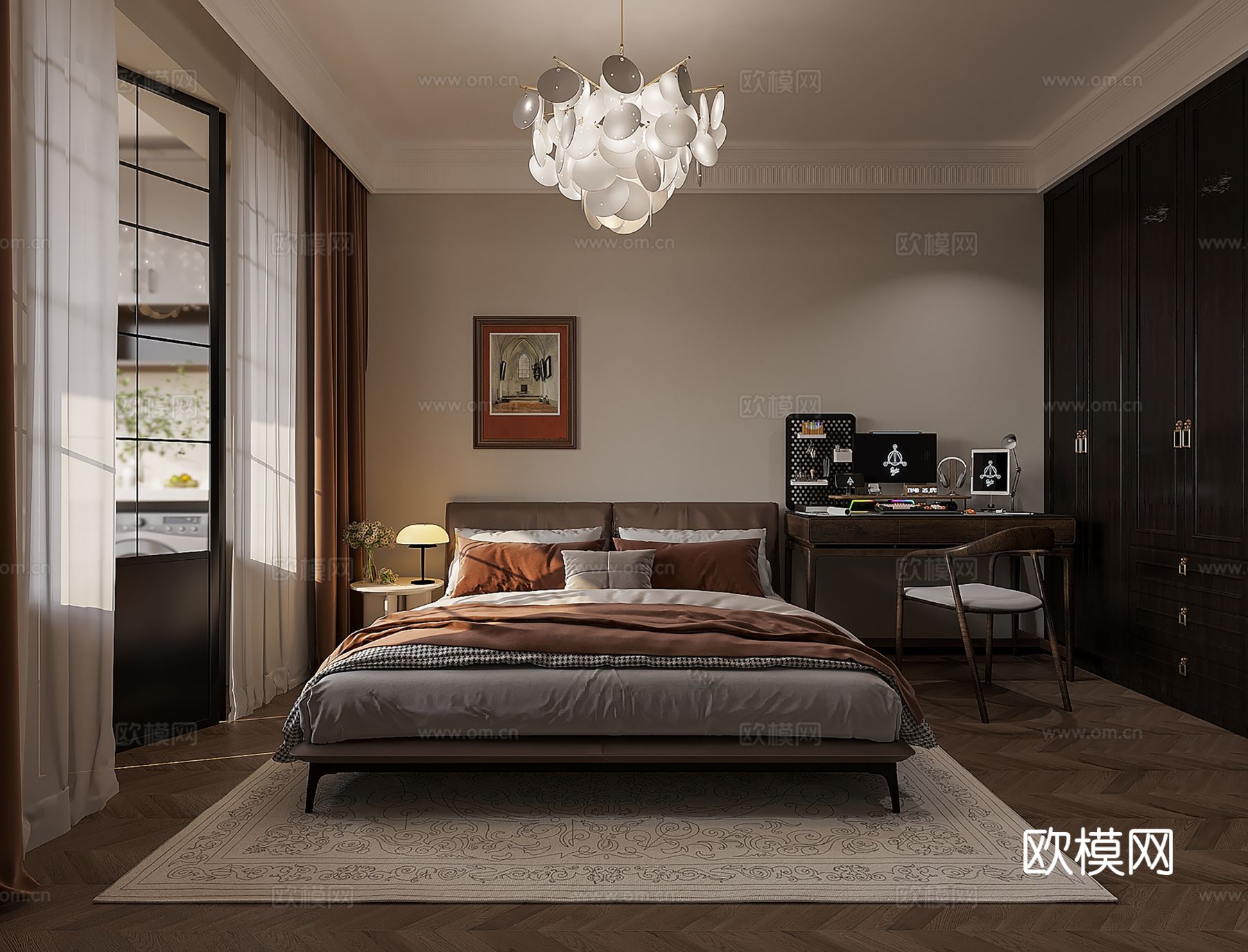 中古风家装效果客厅卧室大平层效果图下载（渲染图2）