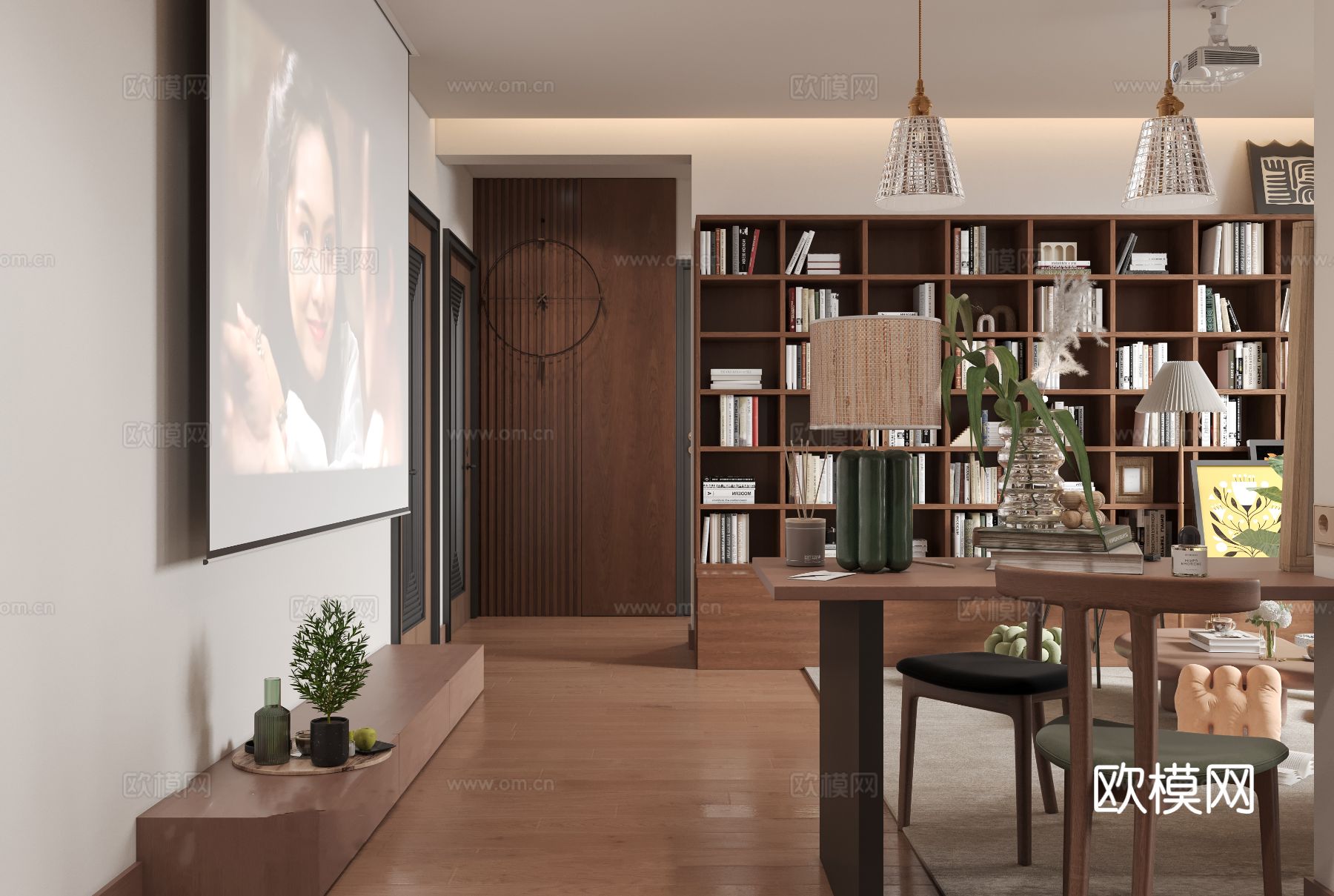 中古风家装效果客厅卧室大平层效果图下载（渲染图5）