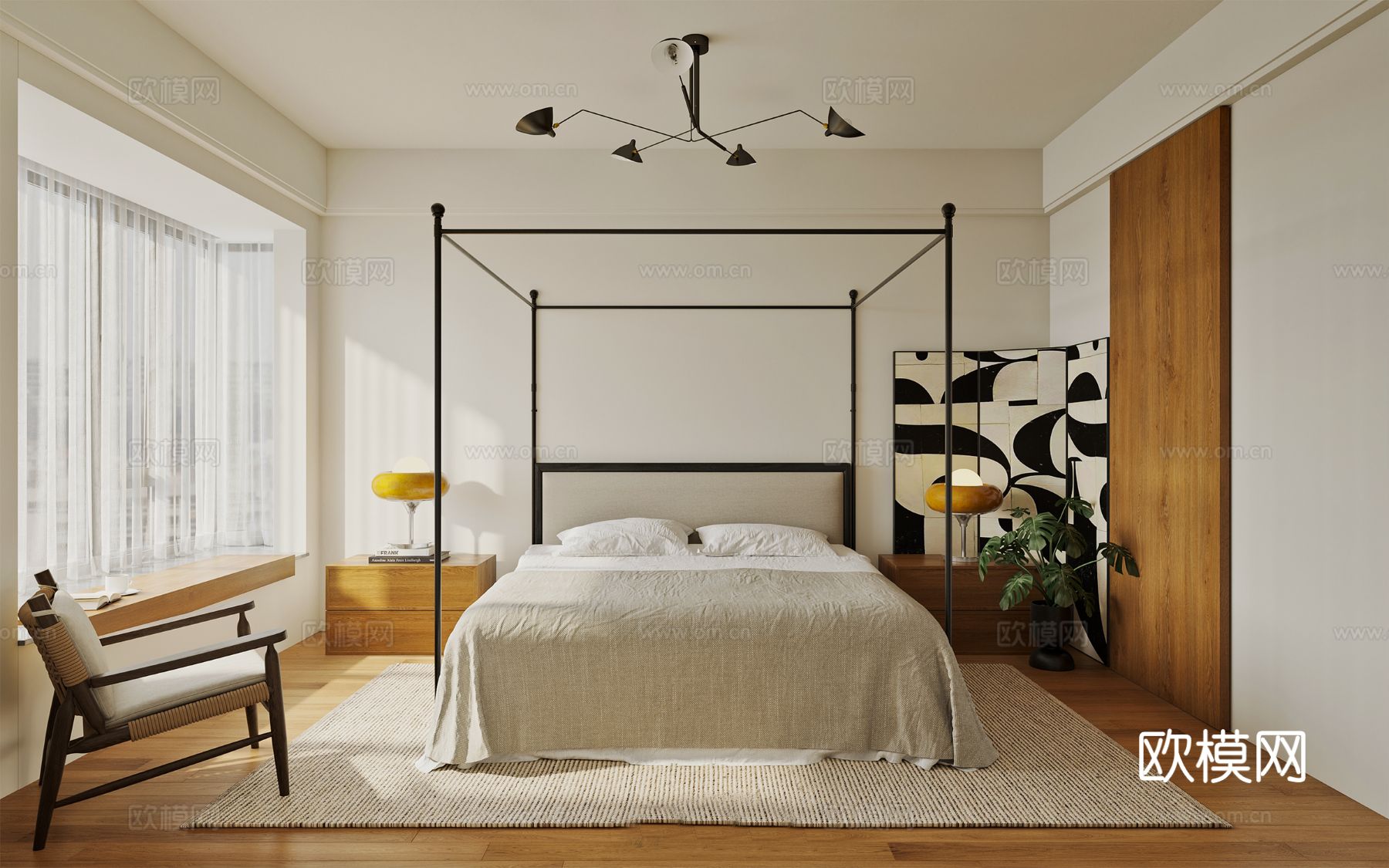 中古风家装效果客厅卧室大平层效果图下载（渲染图8）