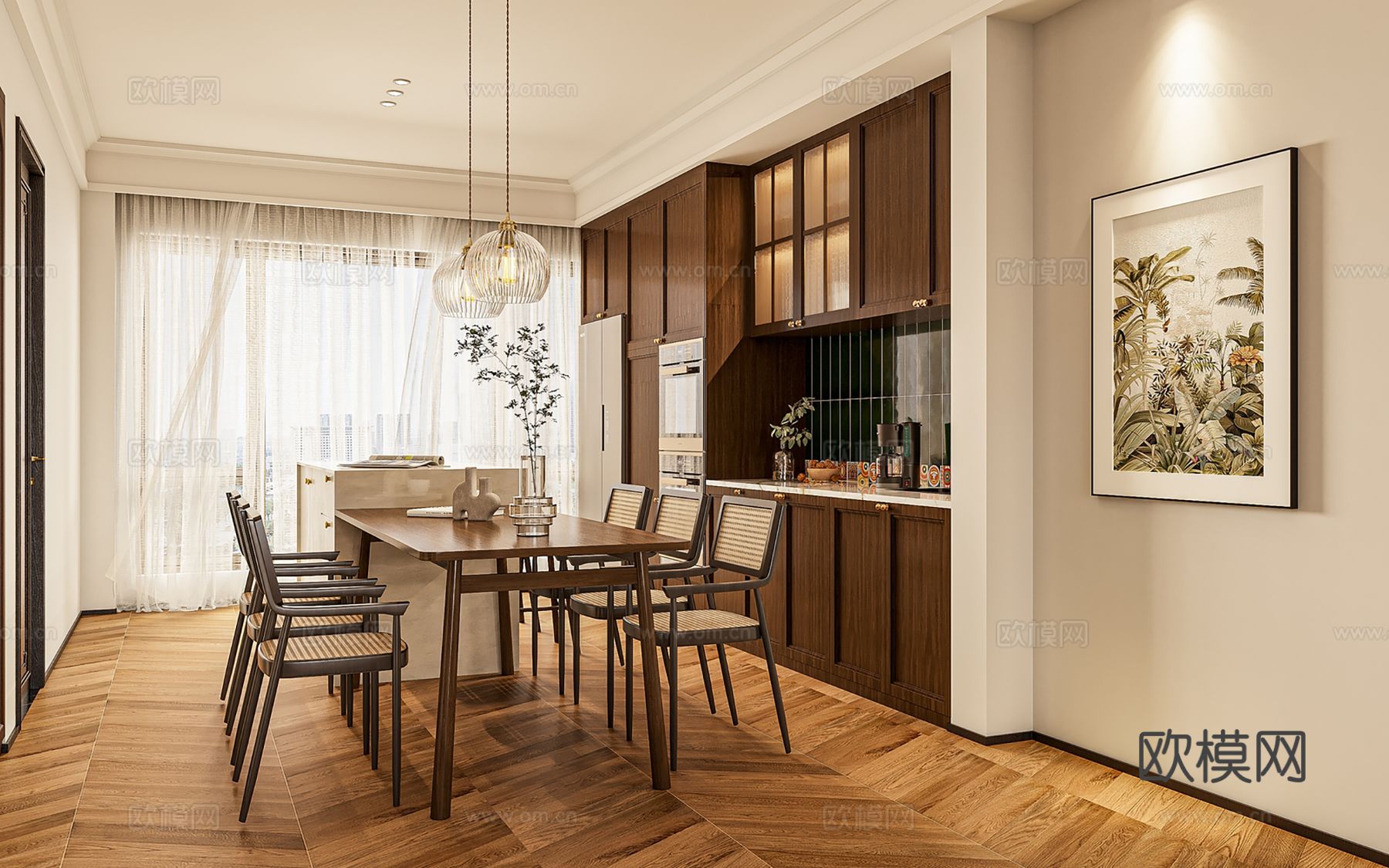 中古风家装效果客厅卧室大平层效果图下载（渲染图3）