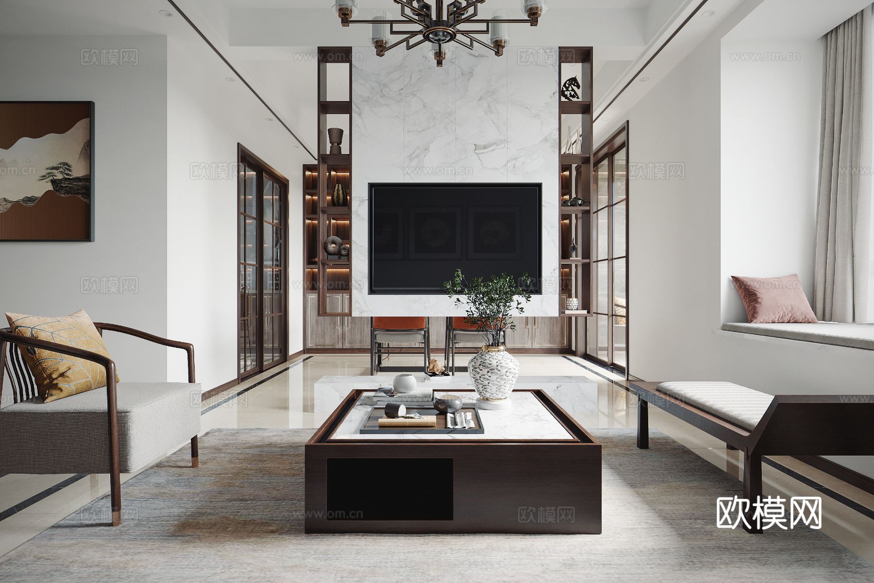 宋式新中式复式家装风格效果图下载（渲染图5）