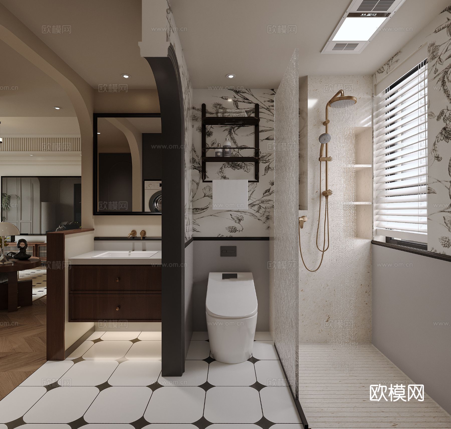 中古风家装效果客厅卧室大平层效果图下载（渲染图3）