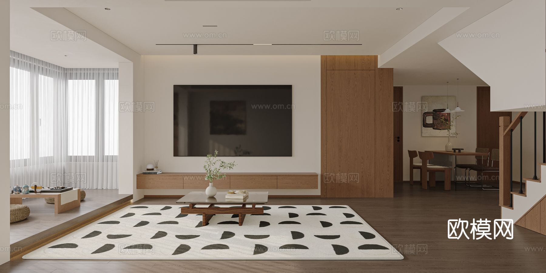 中古风家装效果客厅卧室大平层效果图下载（渲染图5）