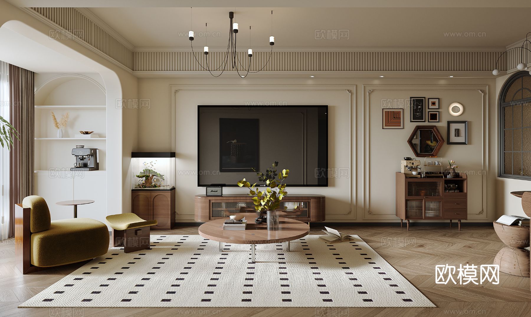 中古风家装效果客厅卧室大平层效果图下载（渲染图2）