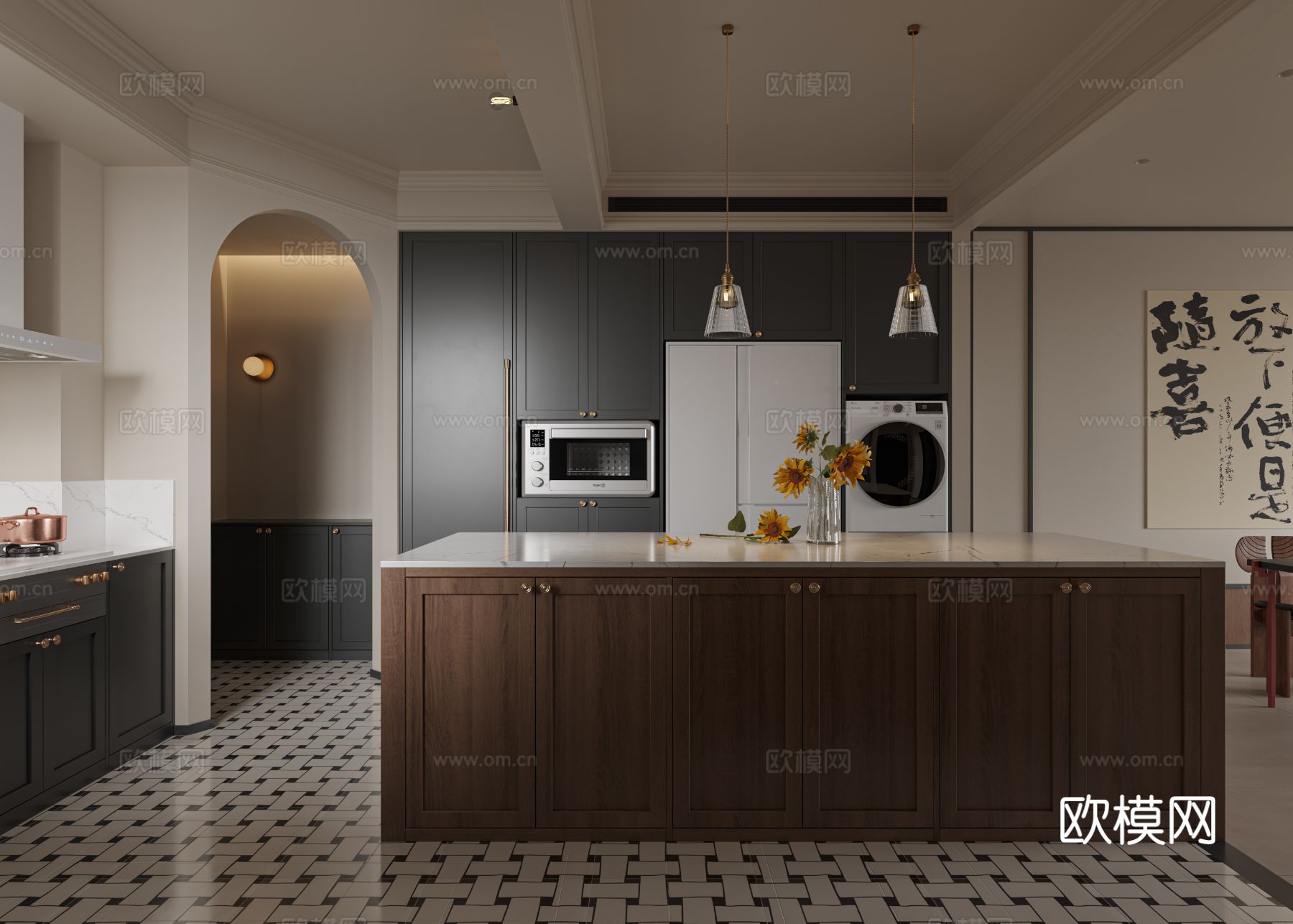 中古风家装效果客厅卧室大平层效果图下载（渲染图2）