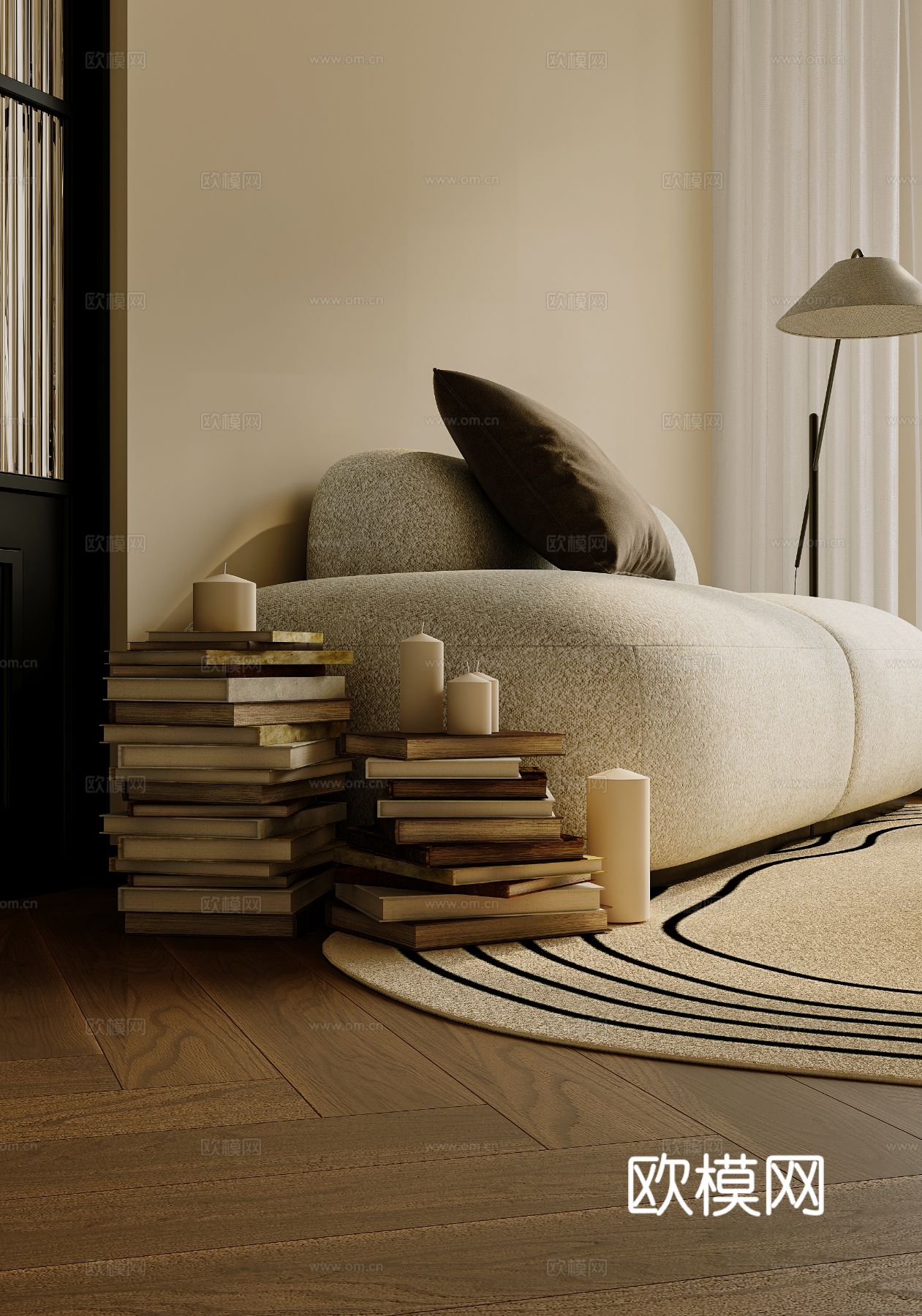 中古风家装效果客厅卧室大平层效果图下载（渲染图10）