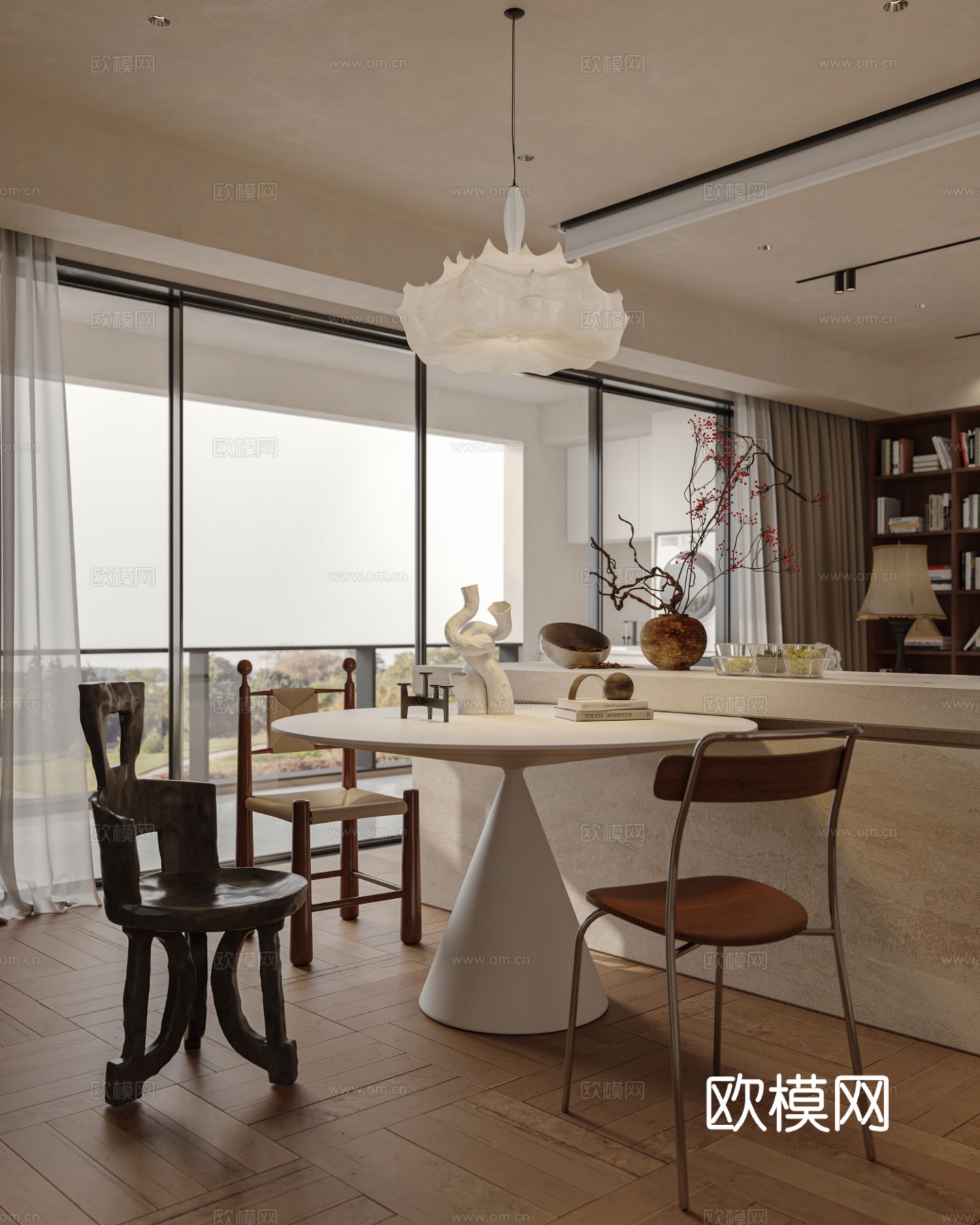 中古风家装效果客厅卧室大平层效果图下载（渲染图12）