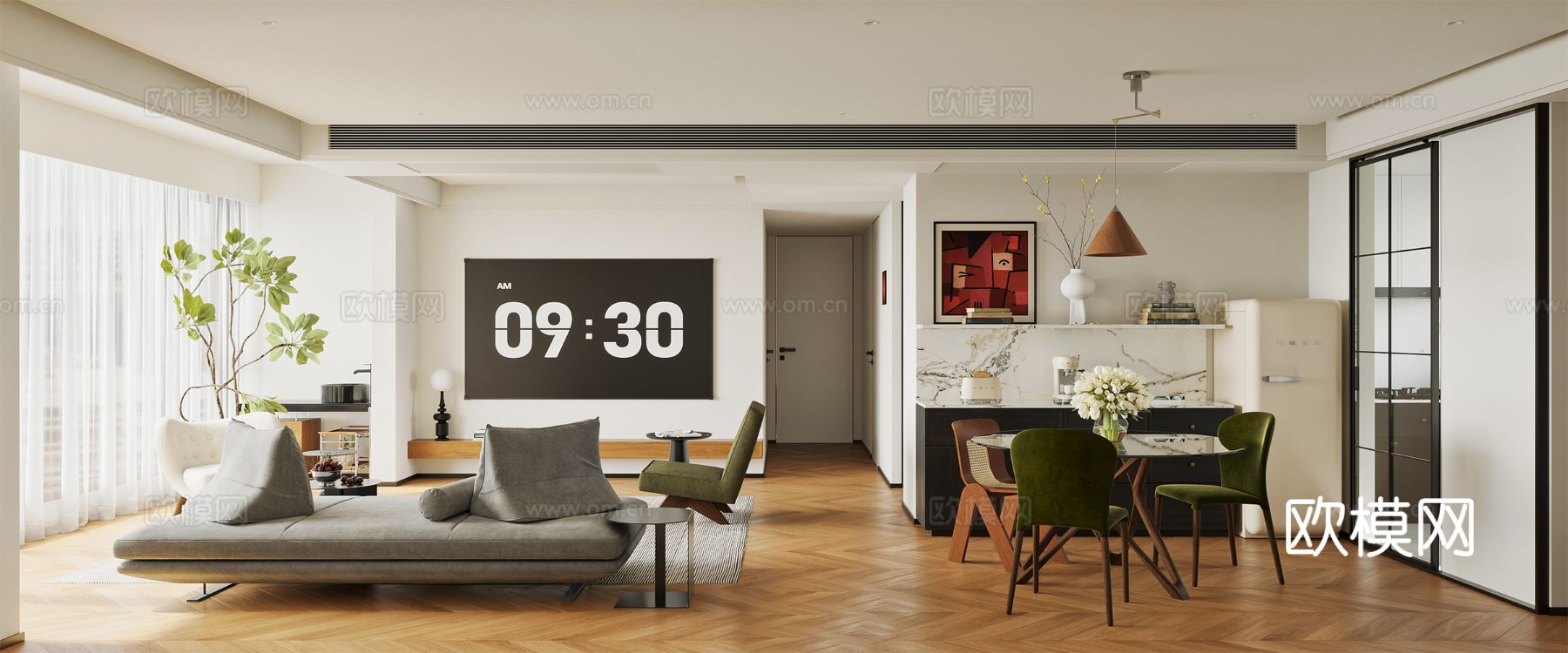 中古风家装效果客厅卧室大平层效果图下载（渲染图3）