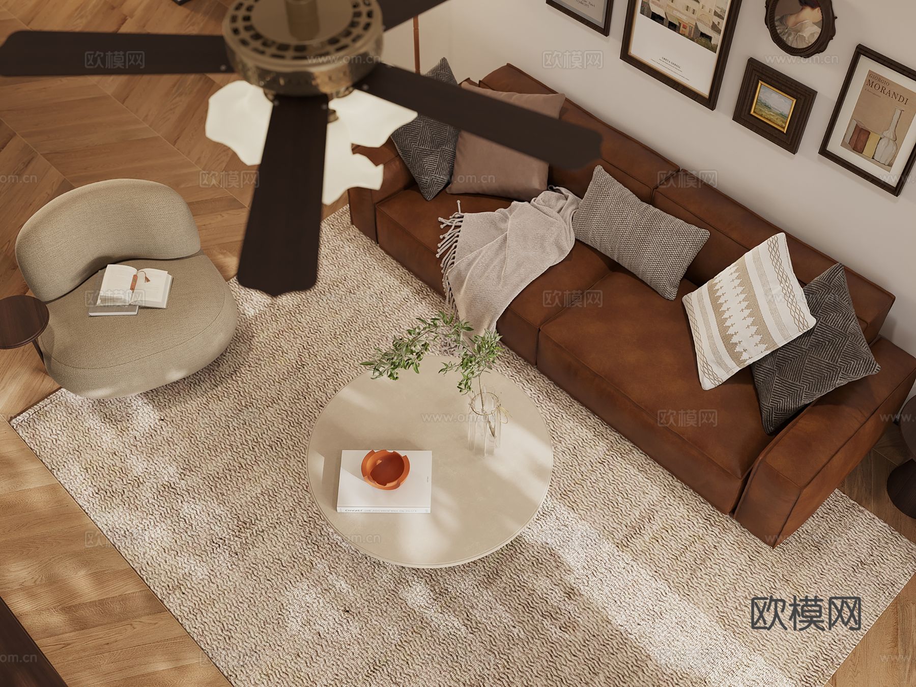 中古风家装效果客厅卧室大平层效果图下载（渲染图5）