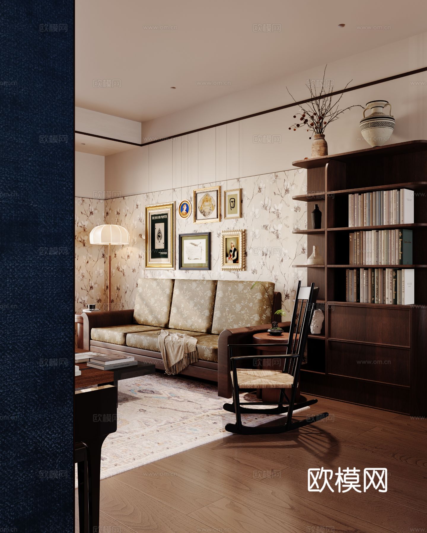 中古风家装效果客厅卧室大平层效果图下载（渲染图7）