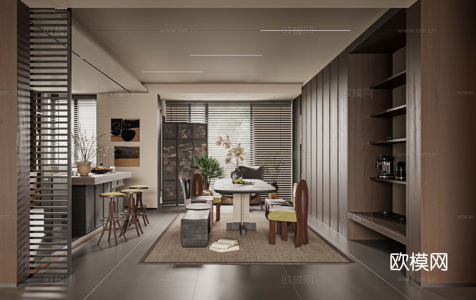 中古风家装效果客厅卧室大平层效果图下载（渲染图10）