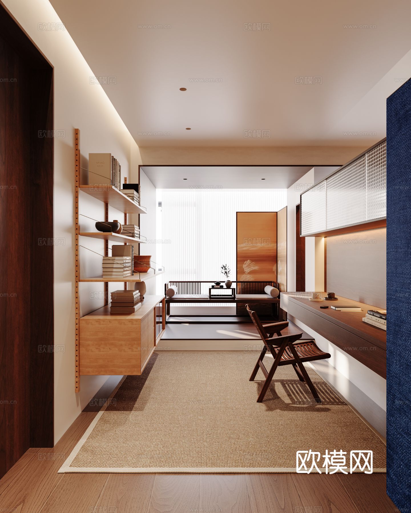 中古风家装效果客厅卧室大平层效果图下载（渲染图10）