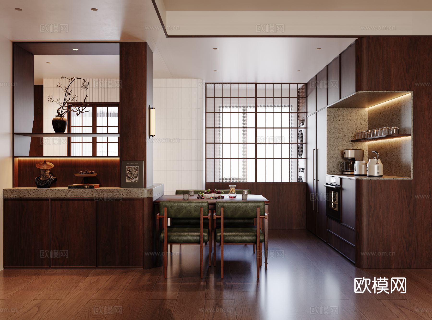 中古风家装效果客厅卧室大平层效果图下载（渲染图6）