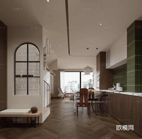 中古風(fēng)家裝效果客廳臥室大平層效果圖下載(渲染圖5)
