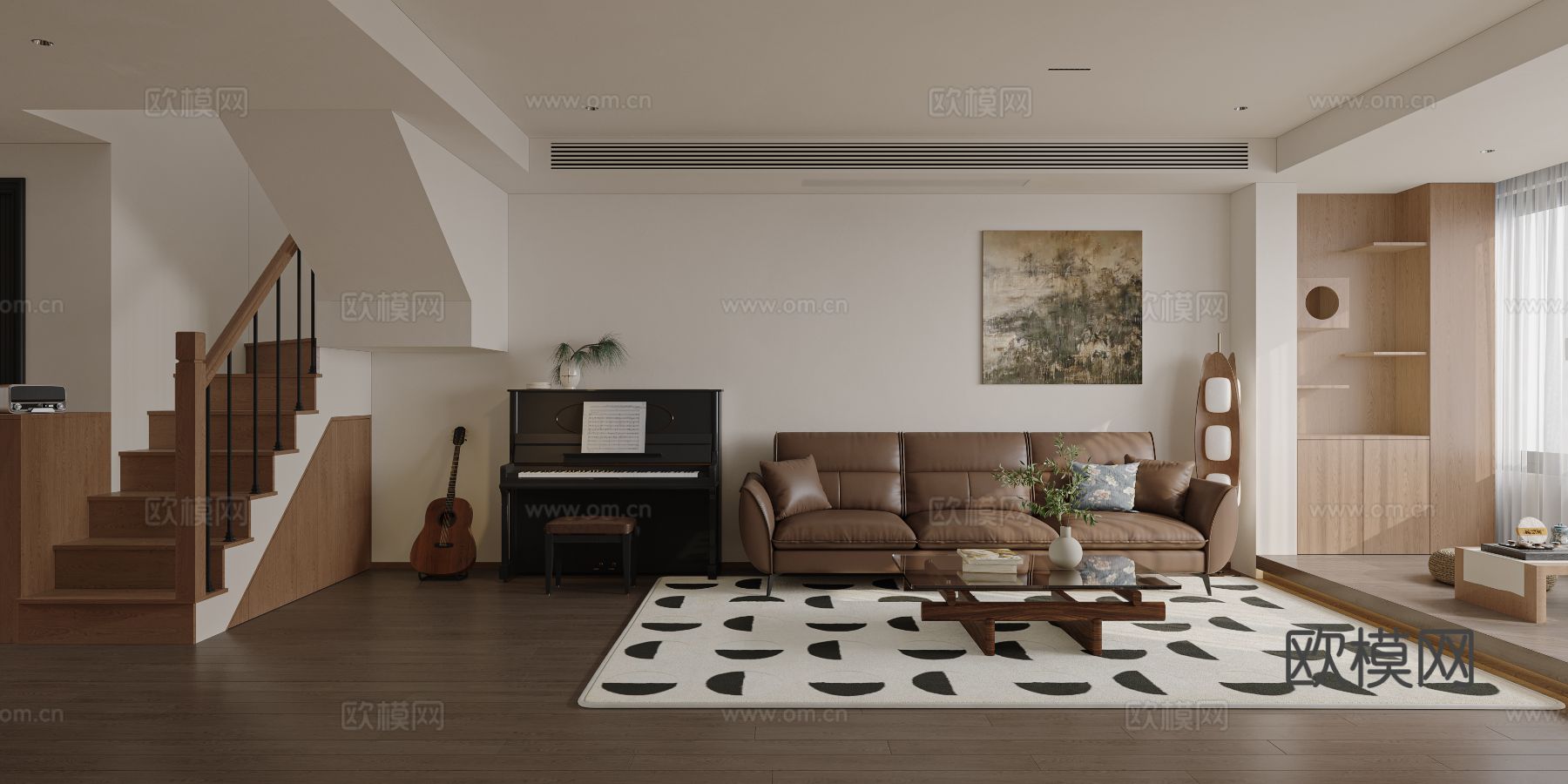 中古风家装效果客厅卧室大平层效果图下载（渲染图1）