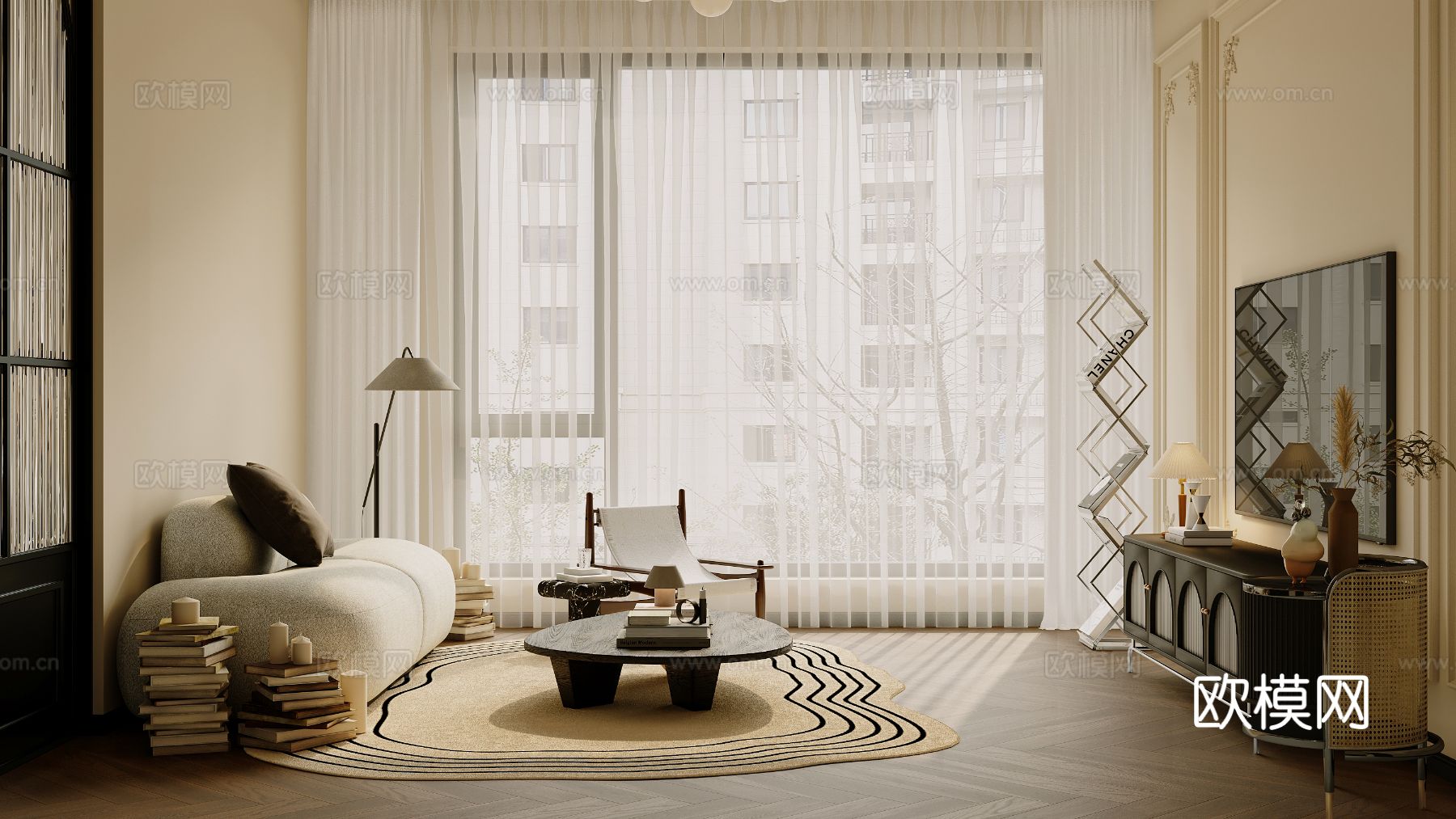 中古风家装效果客厅卧室大平层效果图下载（渲染图1）